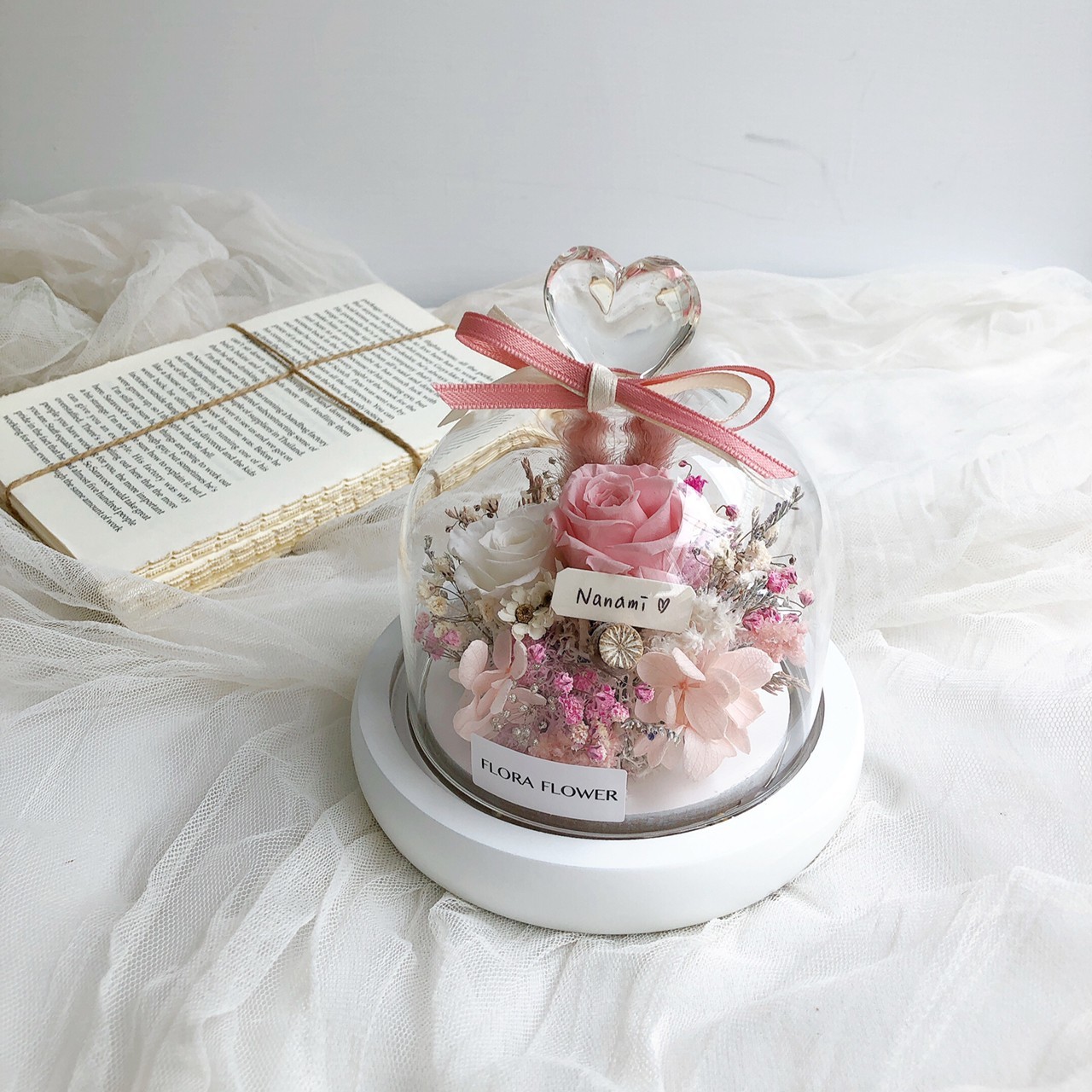 永生花愛心玻璃罩夜燈-粉白