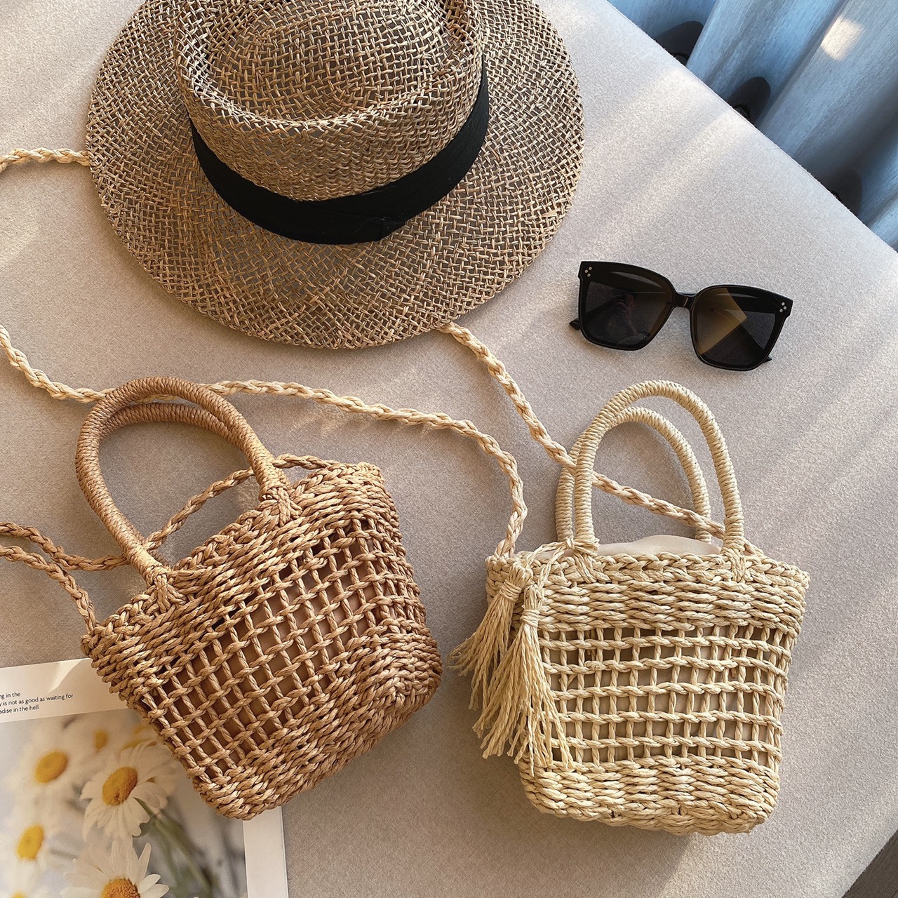 手工鬆餅格方形草包/二色