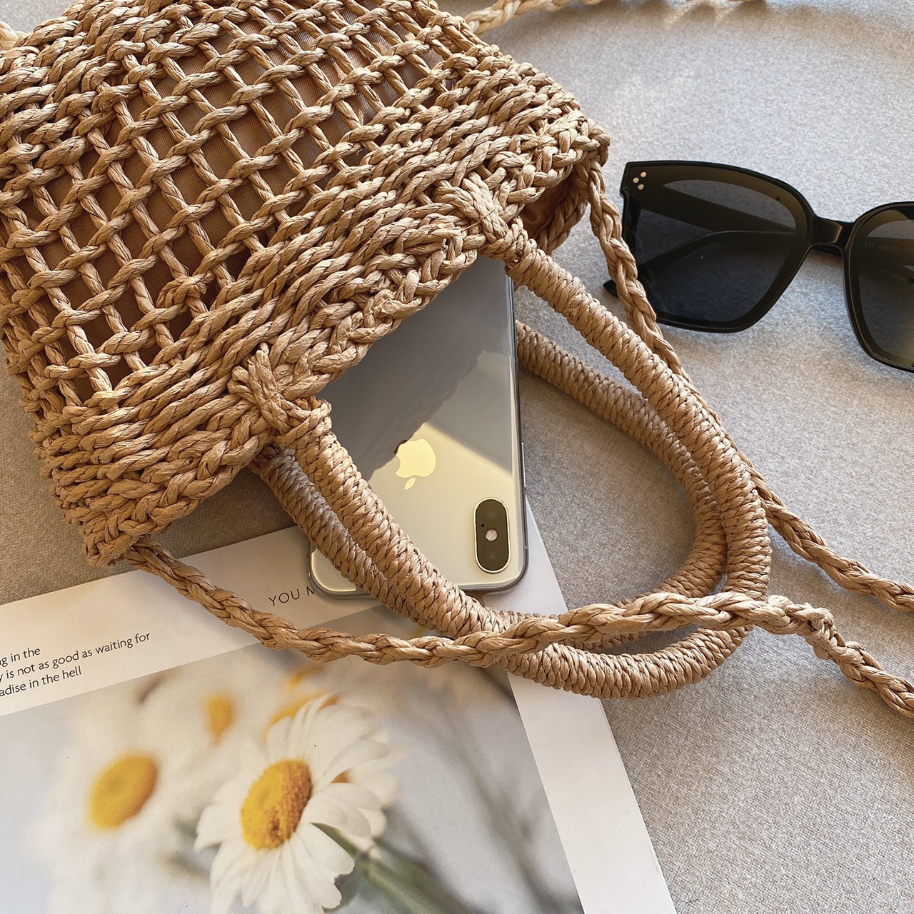 手工鬆餅格方形草包/二色