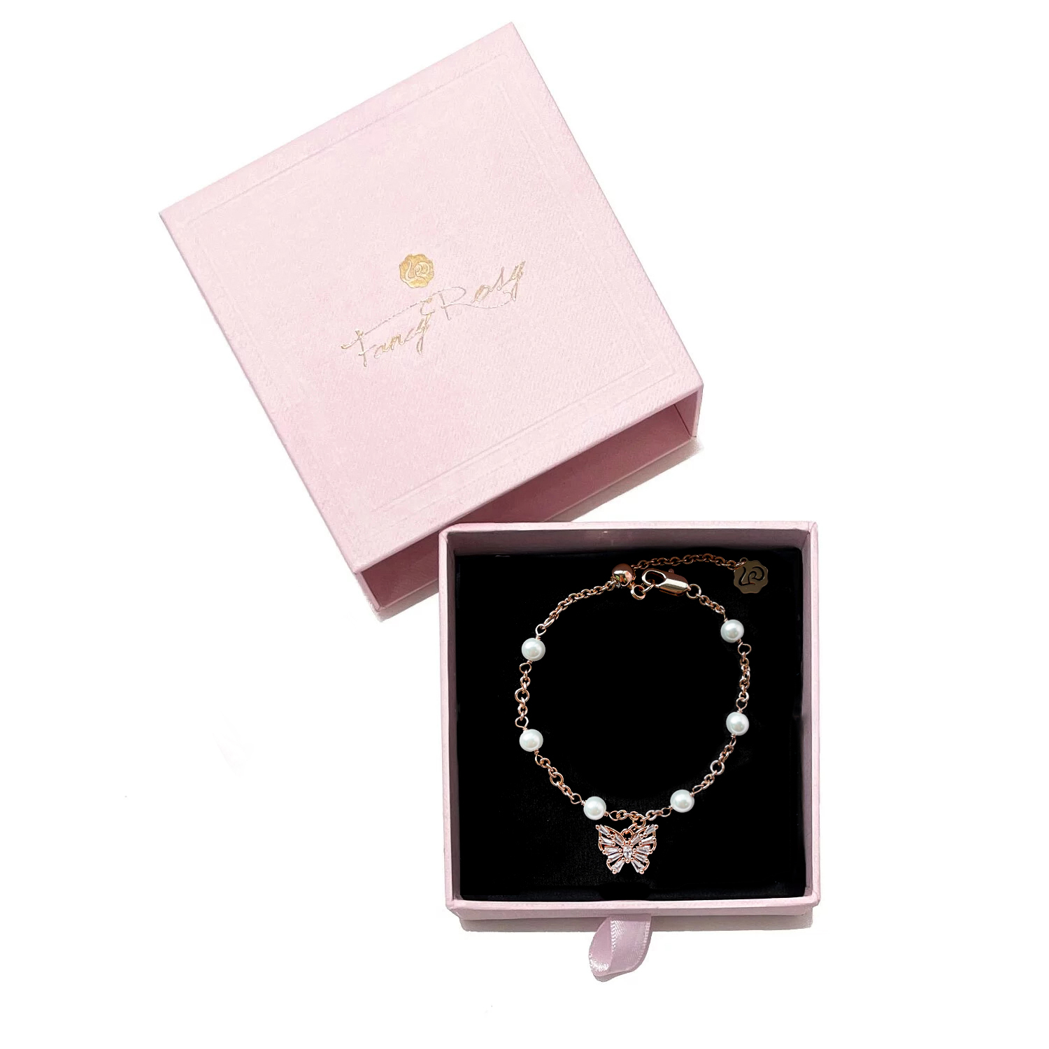 Crystal Bow Pearl Bracelet (Rose Gold)