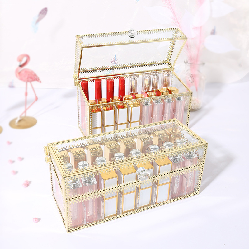 【ＡＨ210】奢華花邊玻璃防塵口紅收納盒