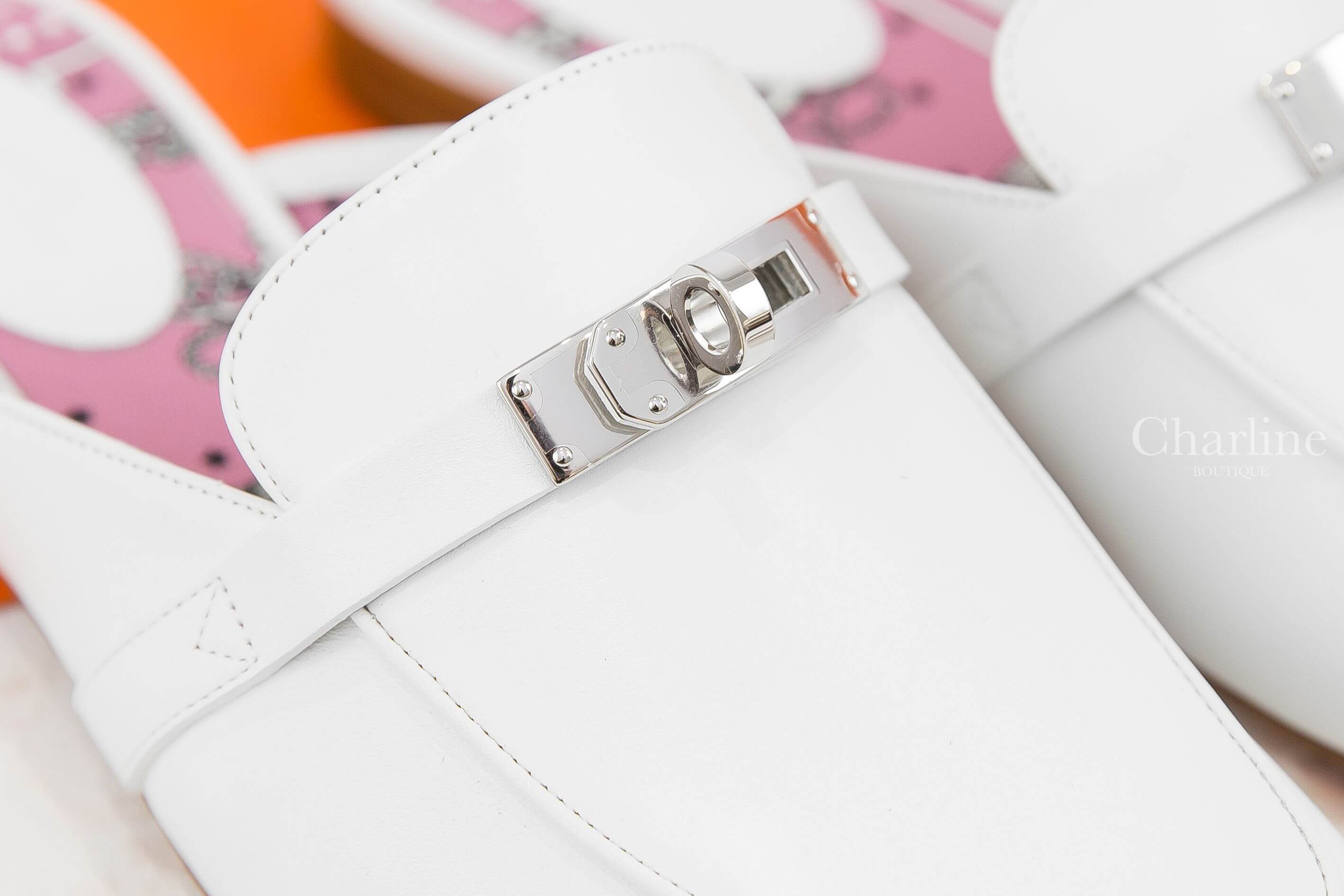 Hermès Oz Mule 白色銀釦粉色內裡小牛皮平底穆勒鞋