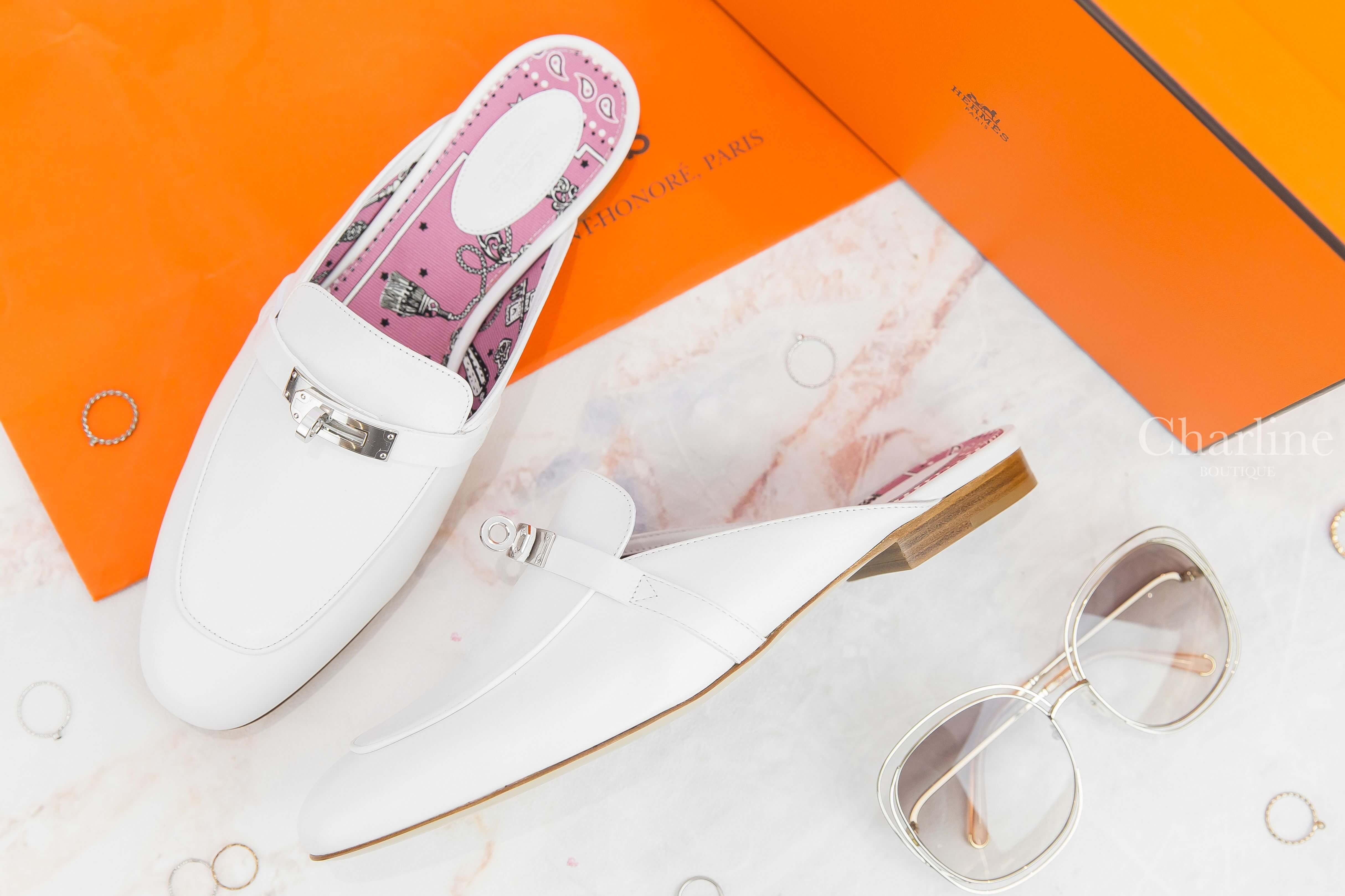 Hermès Oz Mule 白色銀釦粉色內裡牛皮平底穆勒鞋-Charline Boutique 精品代購