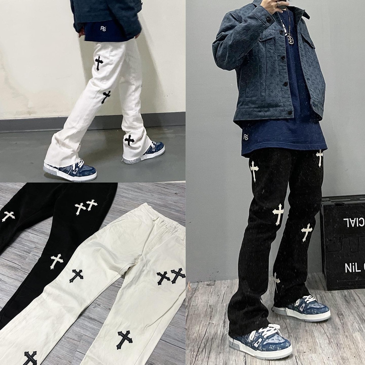 Vibe風 十字 電繡皮革 不修邊牛仔褲 微喇叭褲 闊腿褲 黑 白