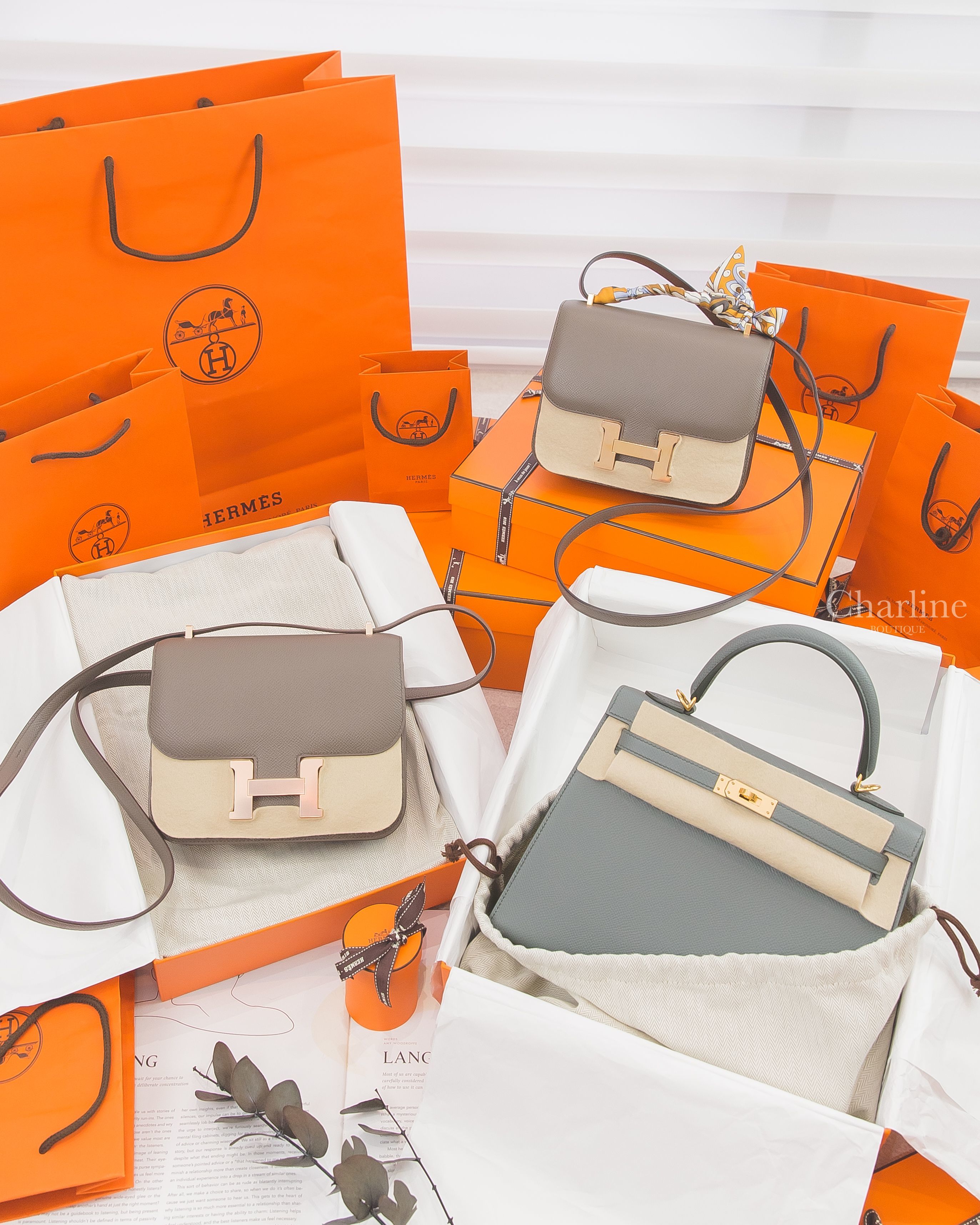 Hermès Mini Constance III 18cm 8F Etain Epsom 錫器灰玫瑰金釦,Hermès Kelly 25cm 63 Vert Amande Epsom 杏仁綠金釦凱莉包-Charline Boutique 精品代購