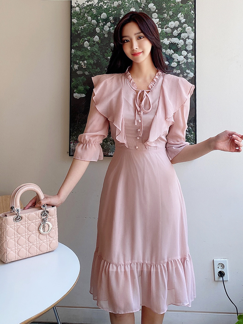 荷葉綁帶雪紡洋裝(粉紅色)