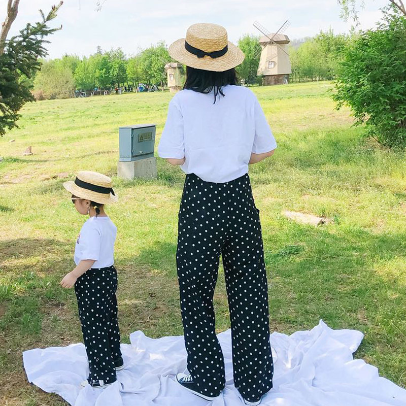 親子款 字母短T+波點雪紡寬褲