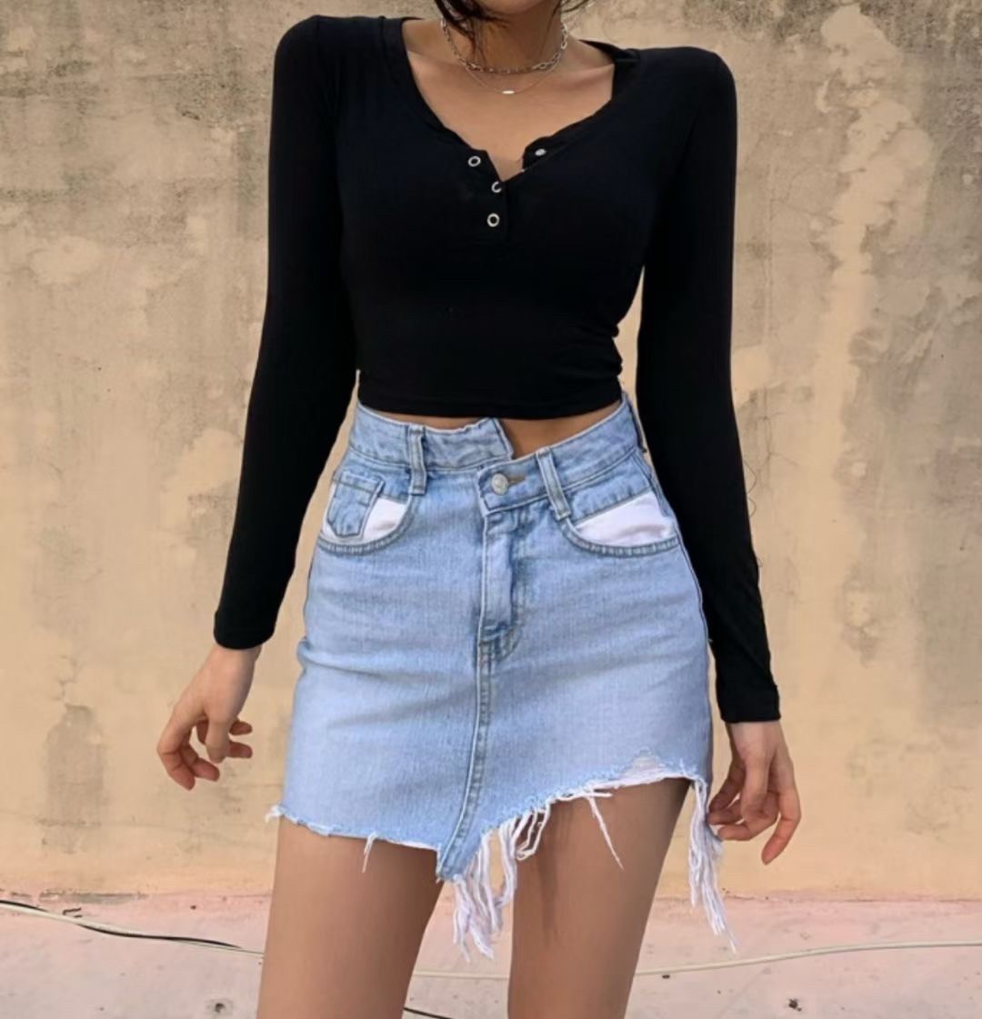6059不規則褲頭破損風短牛仔裙