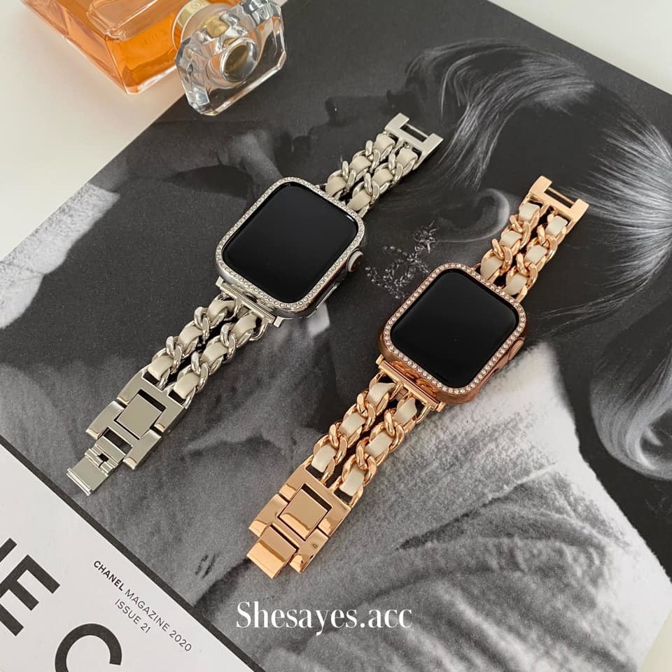 APPLE WATCH白色皮繩小香風錶帶[玫瑰金/銀色]