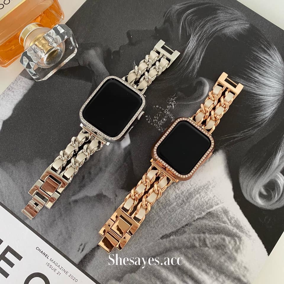 APPLE WATCH白色皮繩小香風錶帶[玫瑰金/銀色]