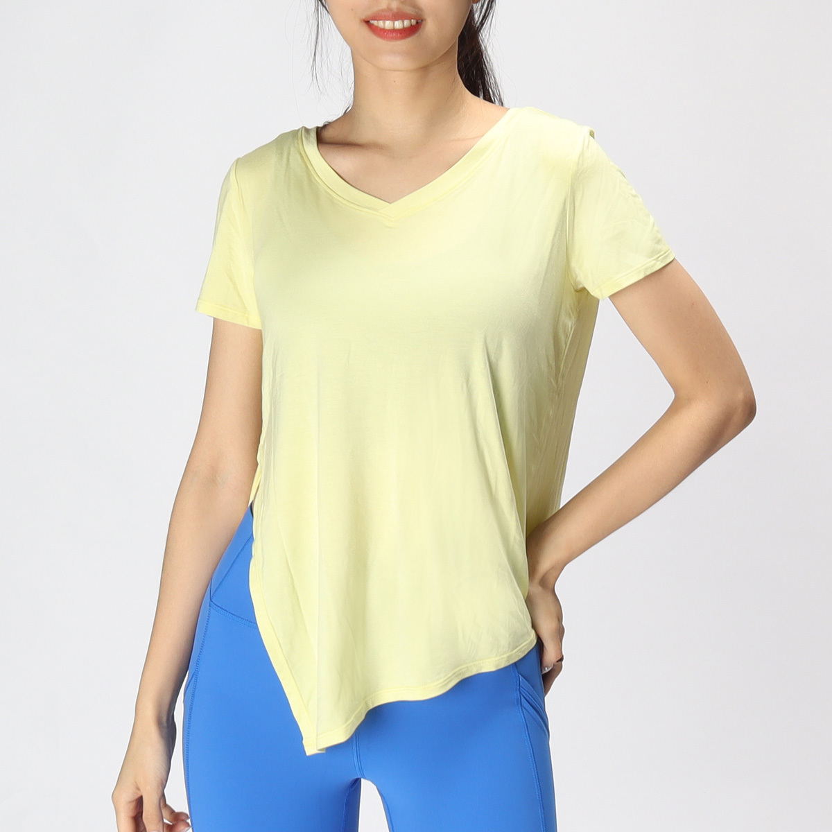 莫代爾寬鬆斜邊側開綁結瑜珈/運動/機能短袖*