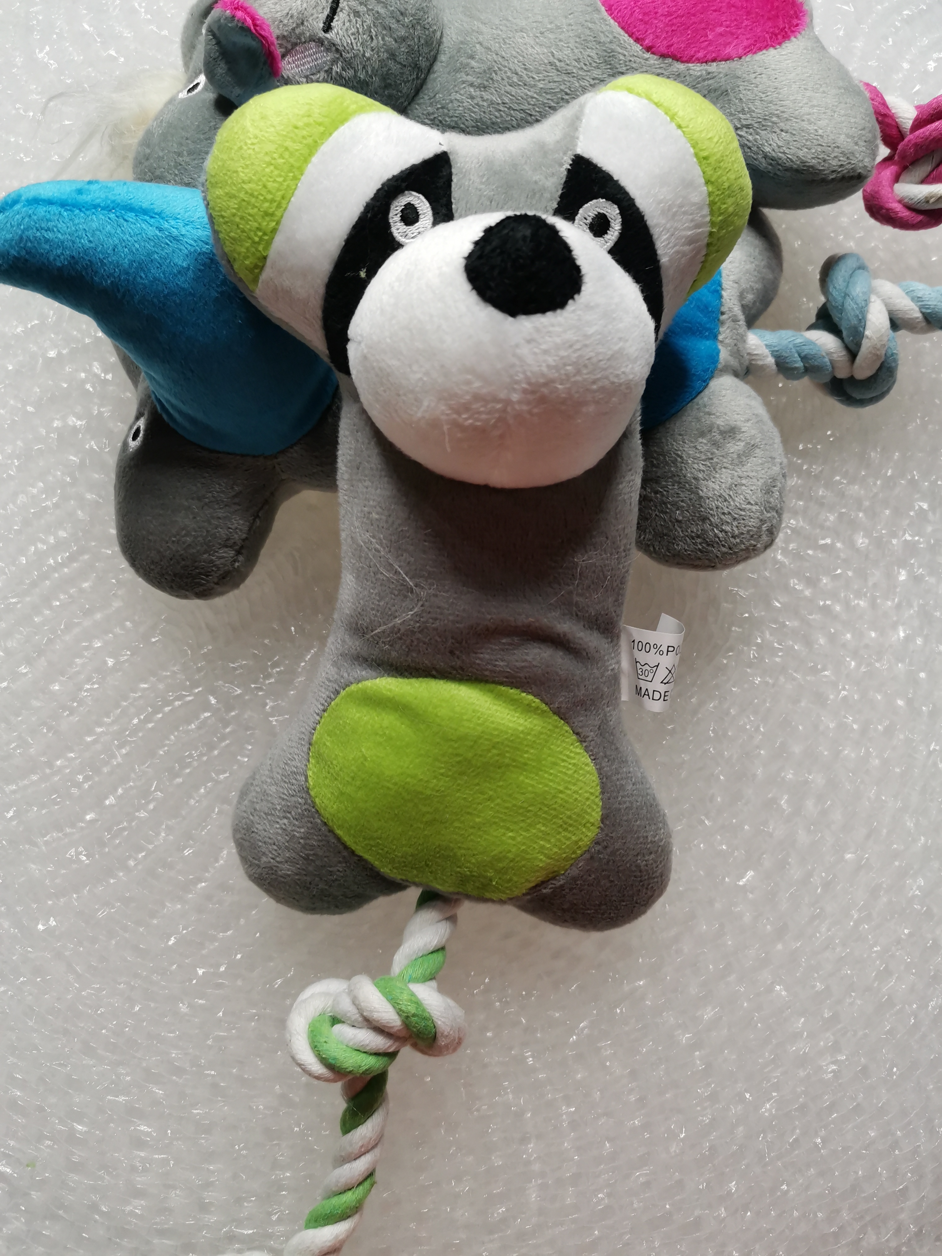 灰色系 棉绳熊啃咬卡通造型 绿色浣熊 蓝色独角兽 粉色河马