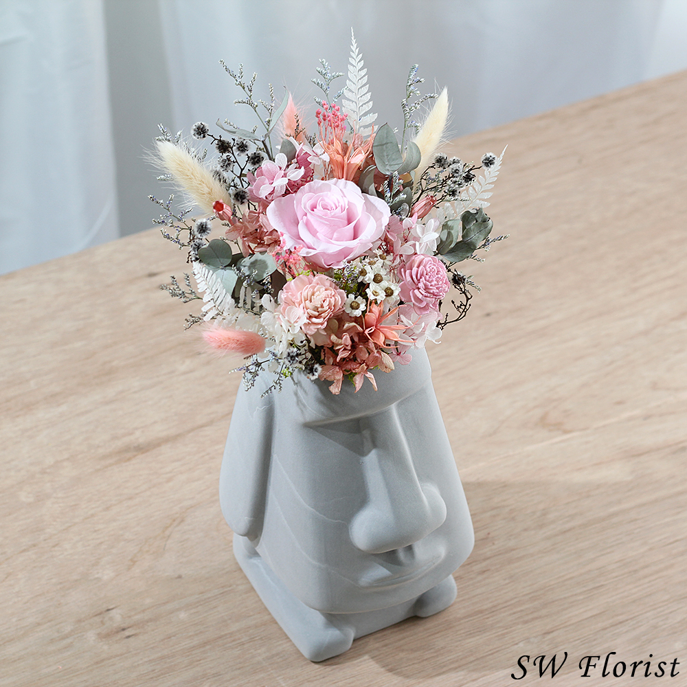 |美髮沙龍店開幕盆栽-粉色永生玫瑰-摩艾造型(水泥盆)-大型|