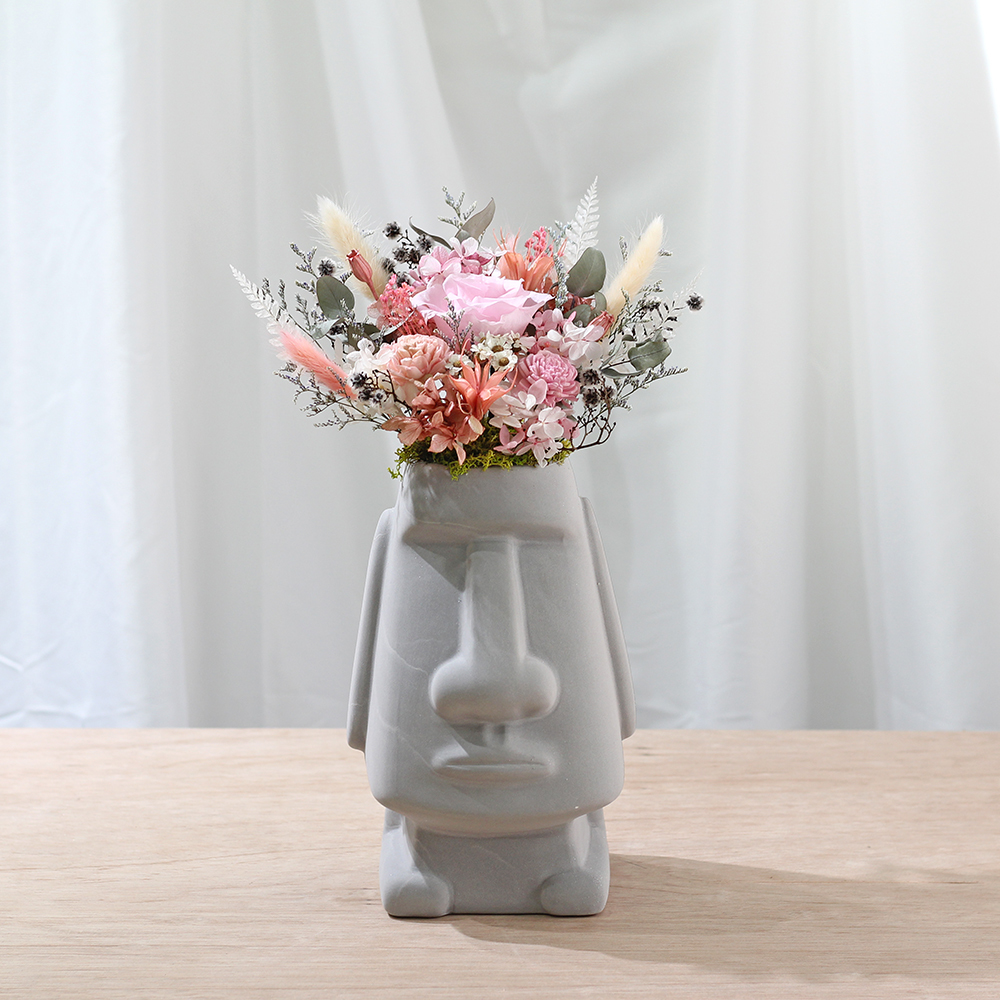 |美髮沙龍店開幕盆栽-粉色永生玫瑰-摩艾造型(水泥盆)-大型|