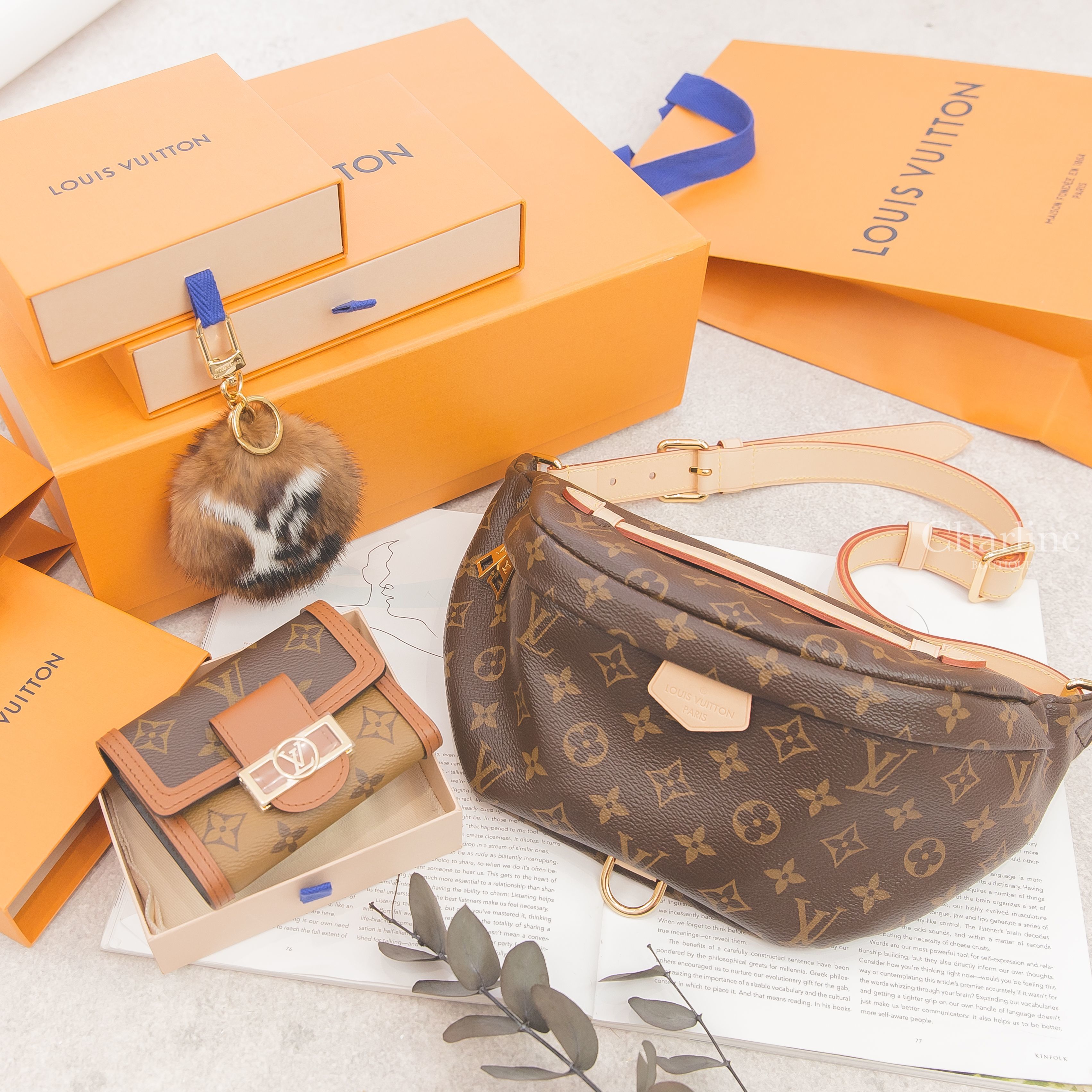 Louis Vuitton Wallet 咖啡色/焦糖拼色三折短夾,Louis Vuitton Key Holder 咖啡色老花貂毛鑰匙圈,Louis Vuitton Bum Bag 咖啡色腰包-Charline Boutique 精品代購
