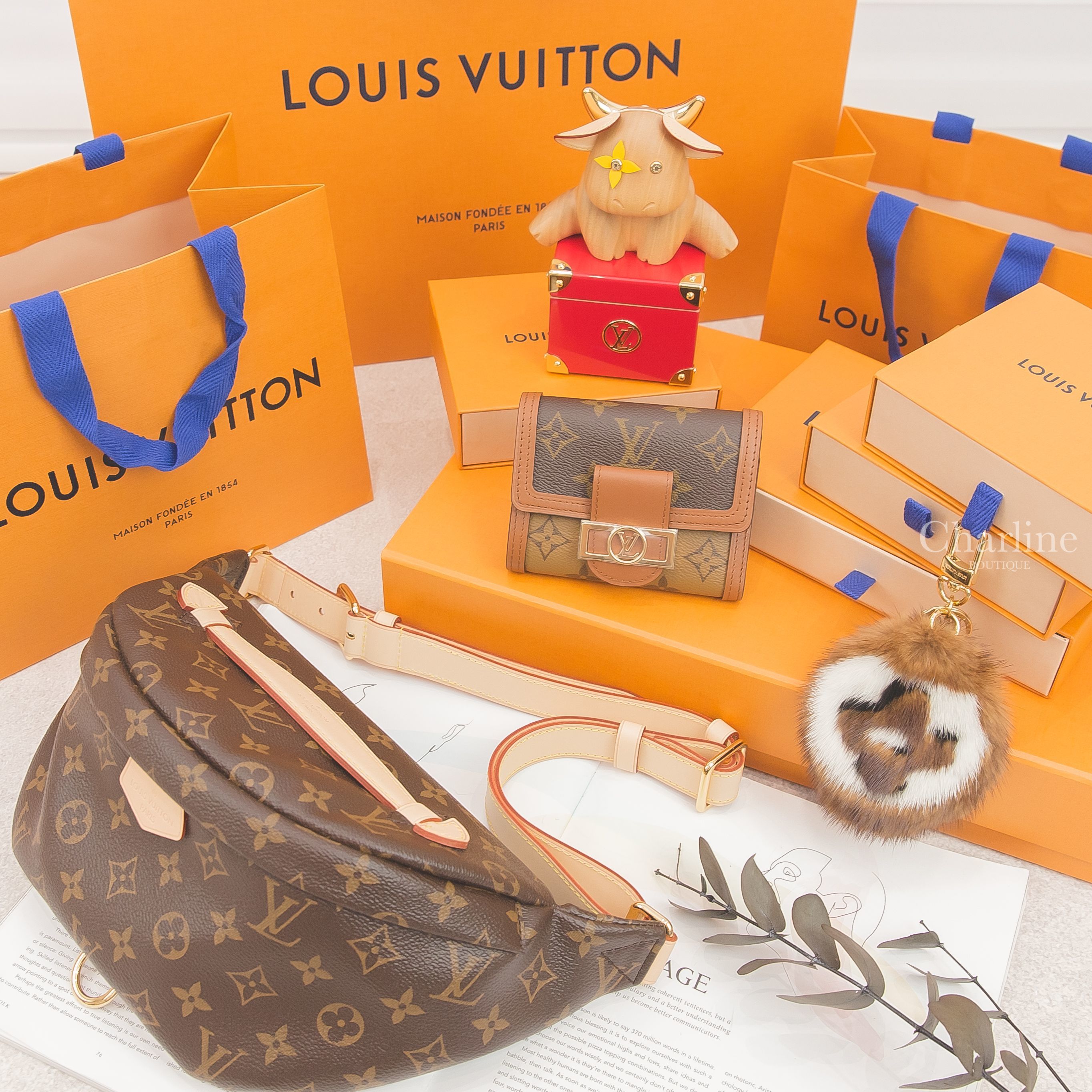Louis Vuitton Wallet 咖啡色/焦糖拼色三折短夾,Louis Vuitton Key Holder 咖啡色老花貂毛鑰匙圈,Louis Vuitton Bum Bag 咖啡色腰包-Charline Boutique 精品代購