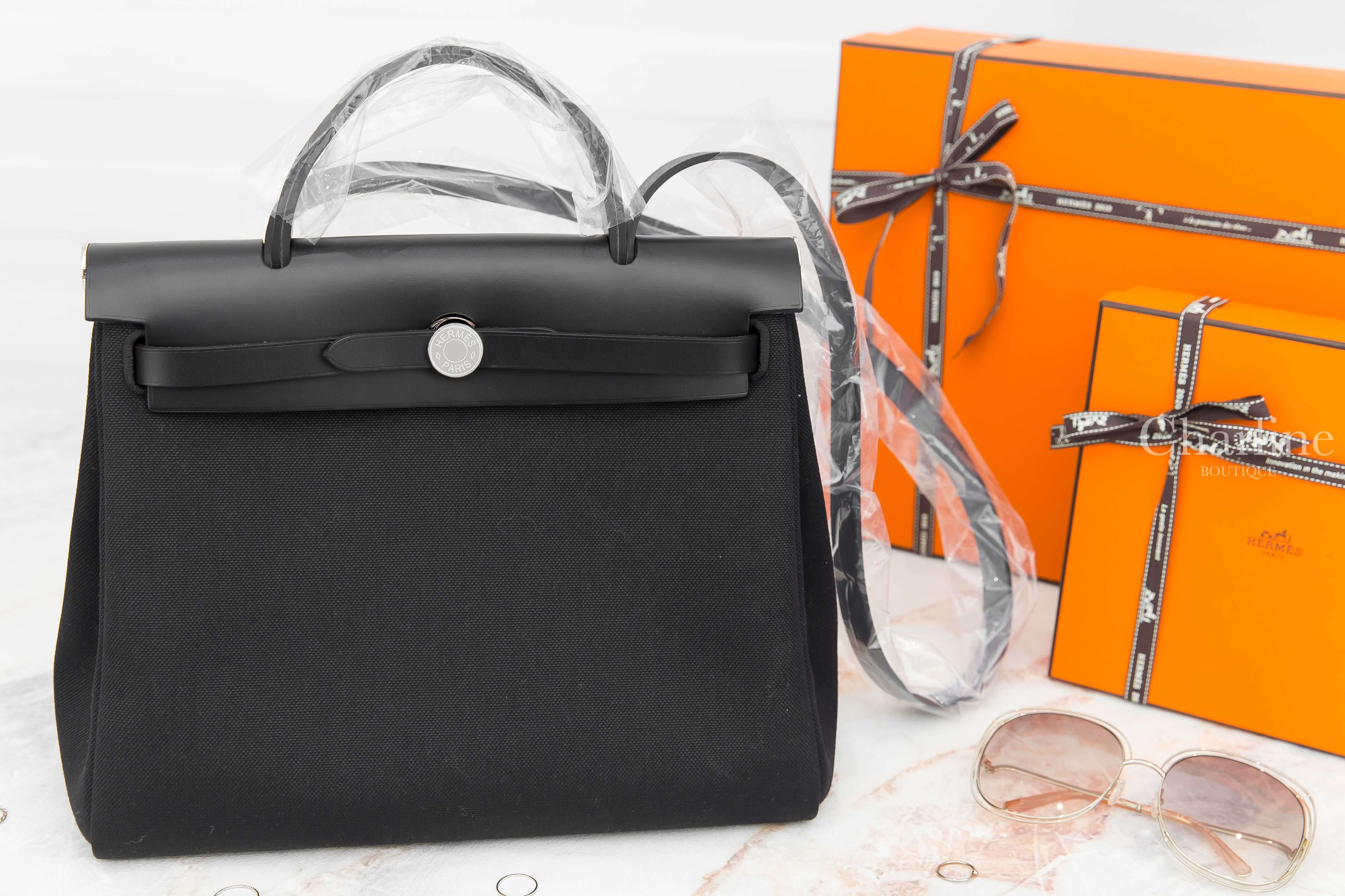 Hermès Herbag Zip 31cm Retourne 89 Noir Toile Militaire/Vache Hunter 黑色銀釦手提肩背包