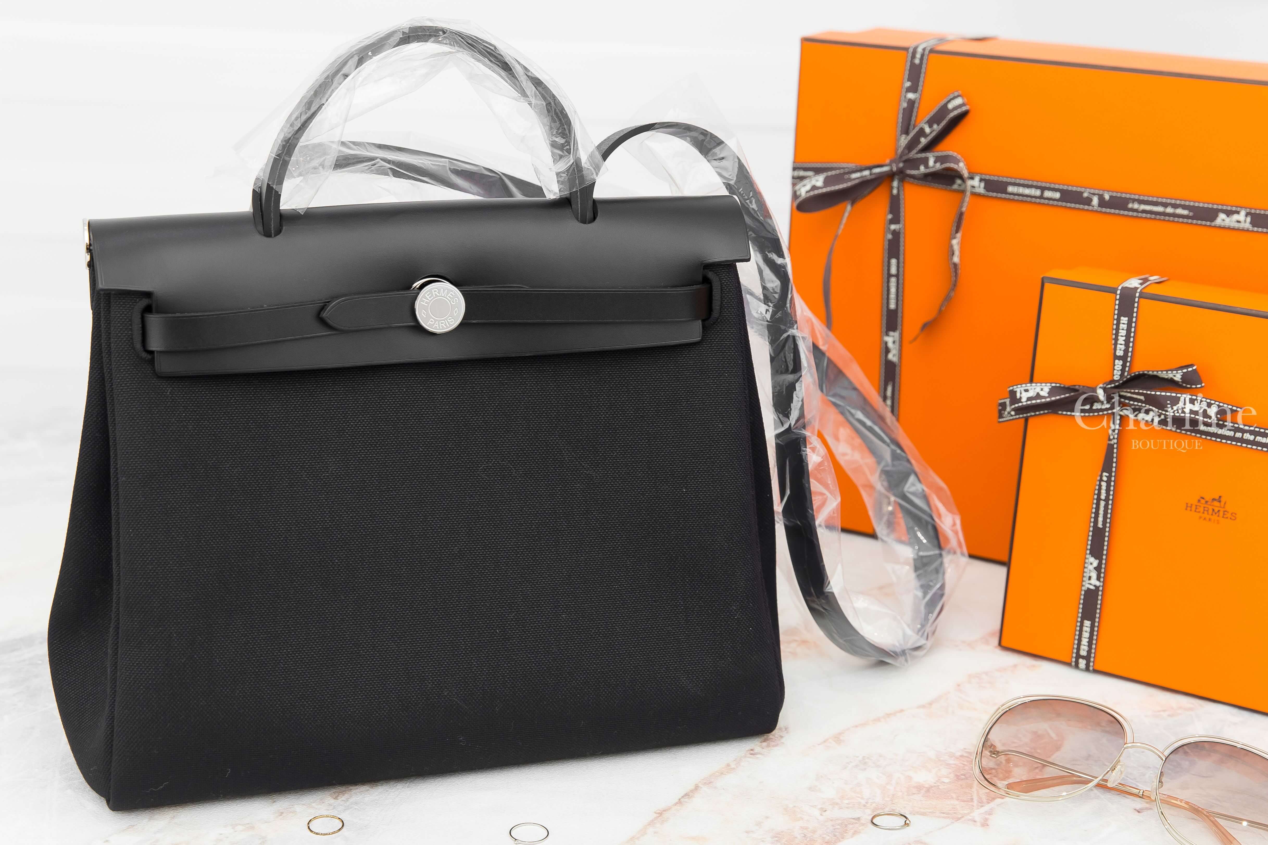 Hermès Herbag Zip 31cm Retourne 89 Noir Toile Miliaire/Vache Hunter Z刻黑色銀釦手提肩背包-Charline Boutique 精品代購