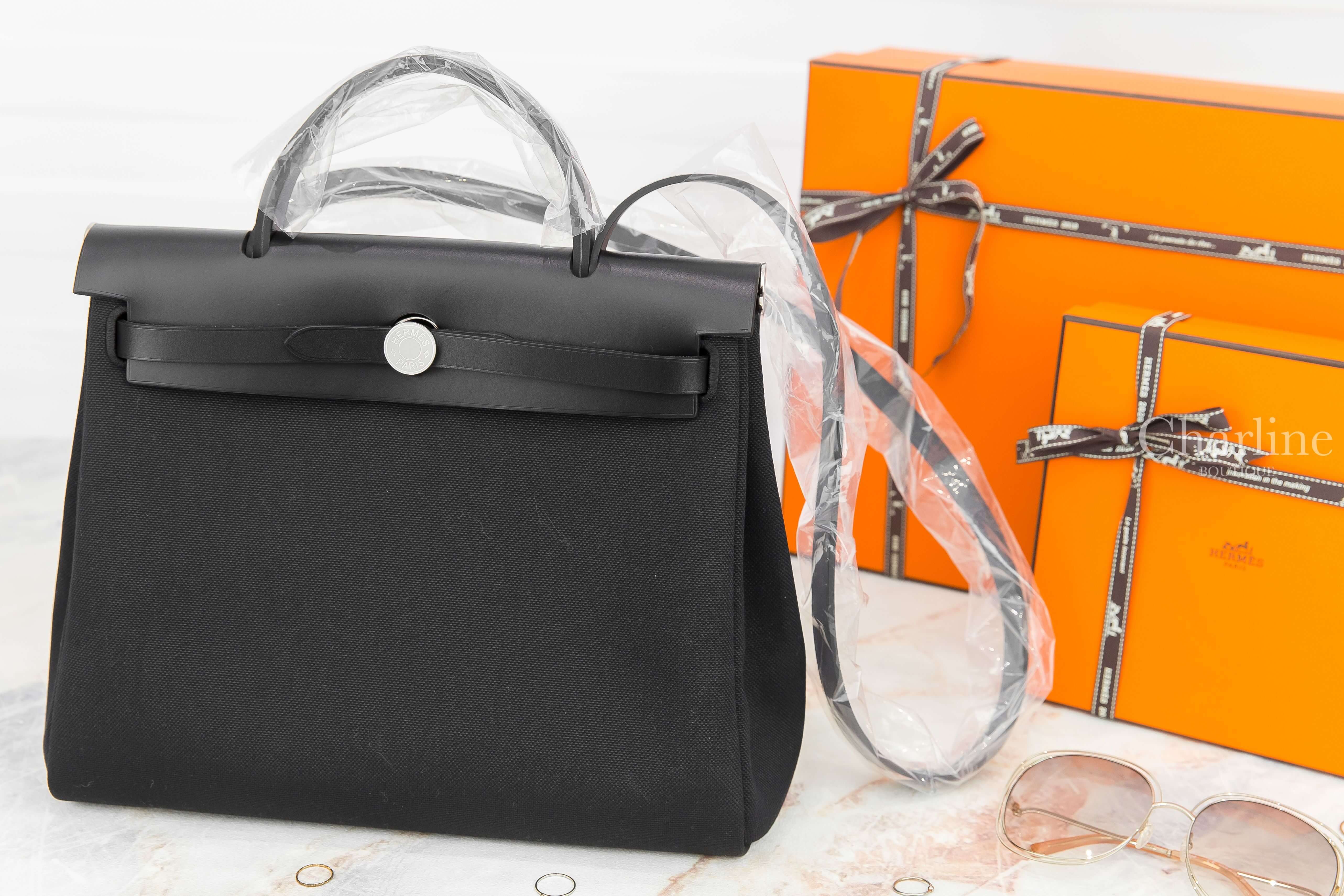 Hermès Herbag Zip 31cm Retourne 89 Noir Toile Miliaire/Vache Hunter Z刻黑色銀釦手提肩背包-Charline Boutique 精品代購