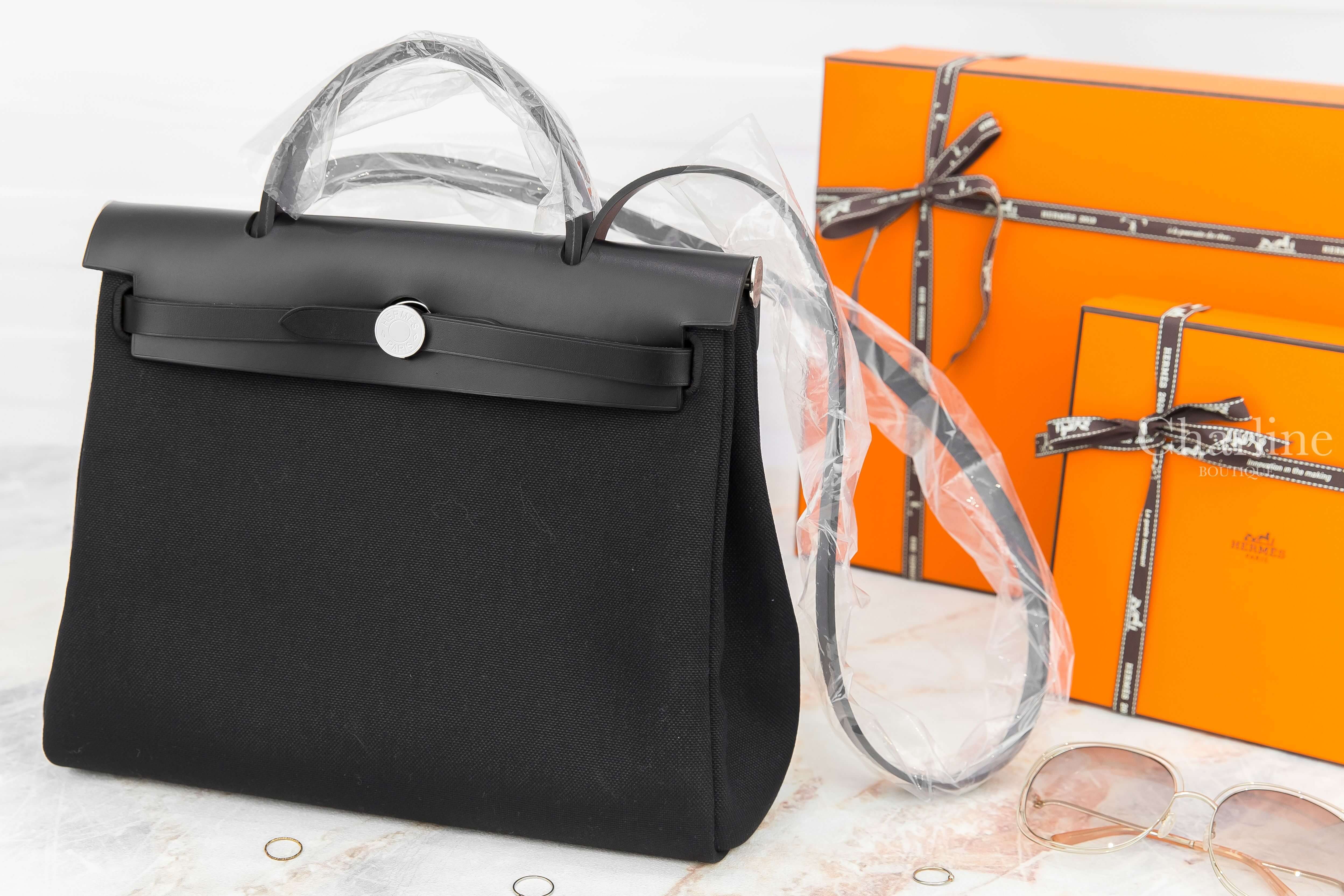 Hermès Herbag Zip 31cm Retourne 89 Noir Toile Miliaire/Vache Hunter Z刻黑色銀釦手提肩背包-Charline Boutique 精品代購