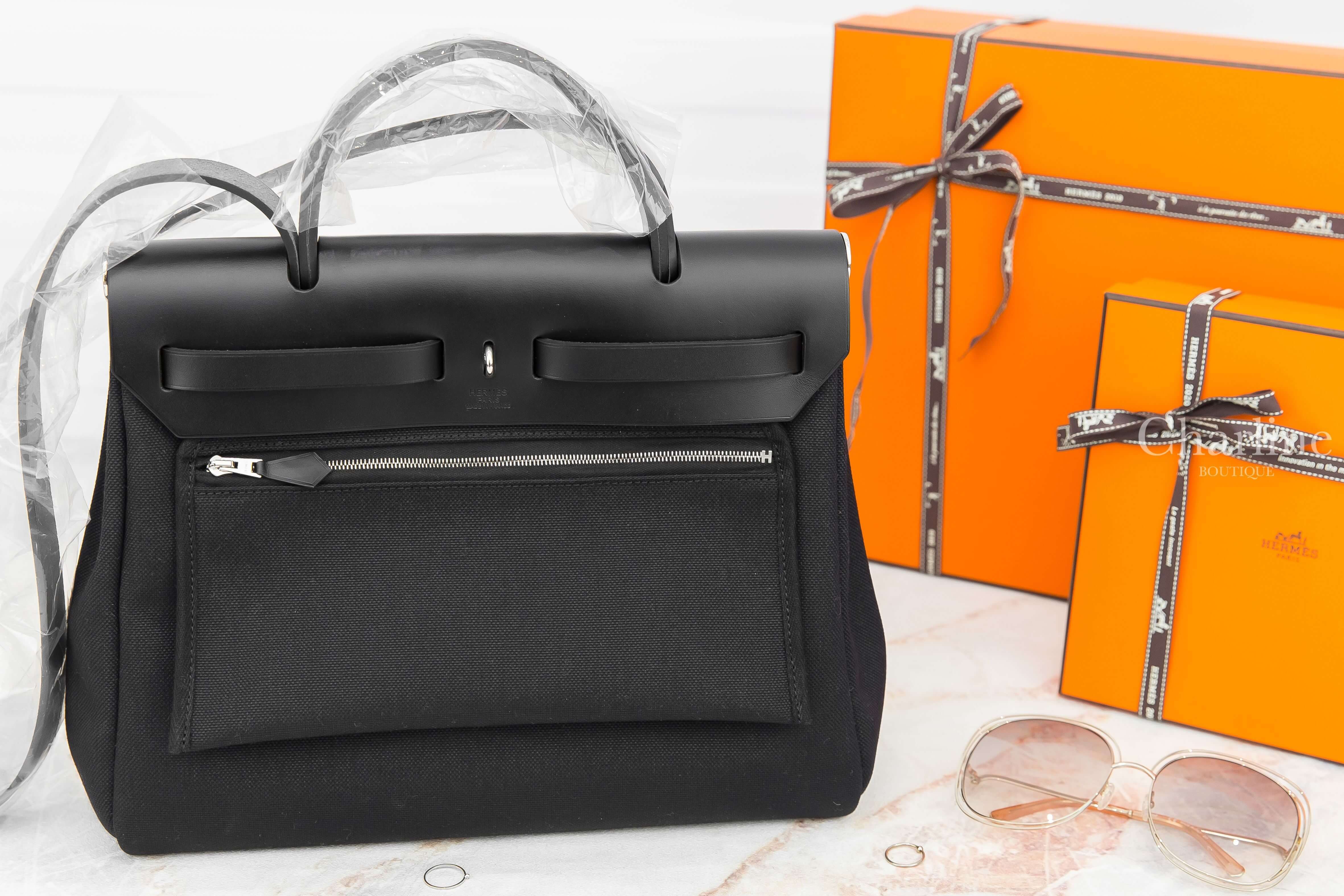 Hermès Herbag Zip 31cm Retourne 89 Noir Toile Miliaire/Vache Hunter Z刻黑色銀釦手提肩背包-Charline Boutique 精品代購