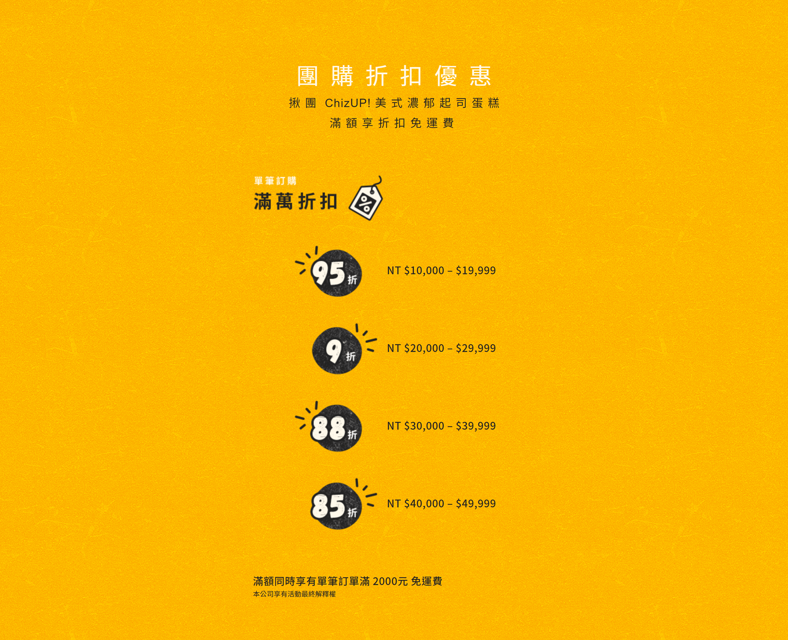 chizup 團購優惠，滿10000打95折，滿20000打9折，滿30000打88折，滿40000打85折。專屬的生日蛋糕推薦與彌月蛋糕送禮首選，蛋糕宅配低溫安心到家。