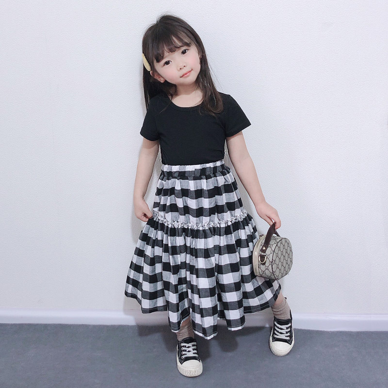 現貨 90cm 親子款 素面露背短T+格子拼接長裙