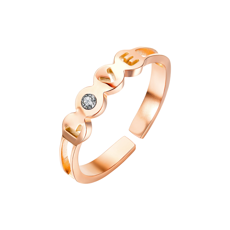 白鋼戒指，女士戒指 LOVE鏤空戒面；玫瑰金色澤 鑲鋯設計（1865）