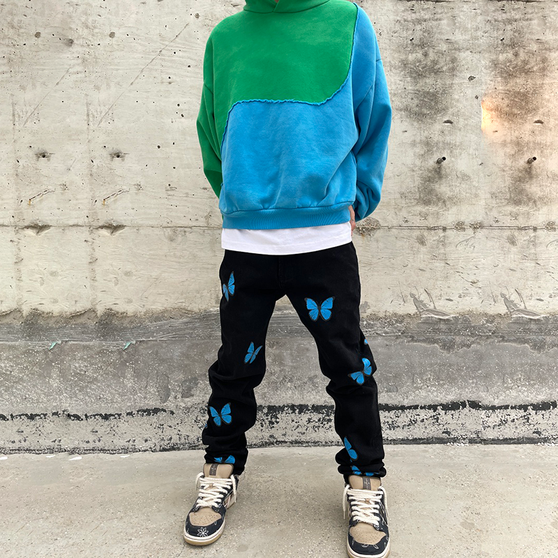 Suninbox 蝴蝶圖像直筒水洗牛仔褲