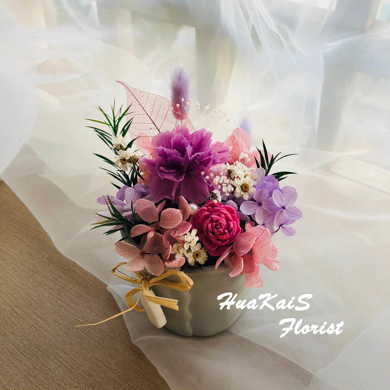 康乃馨盆栽|迷人紫康乃馨桌花|小資送禮|永生花康乃馨|粉紫色