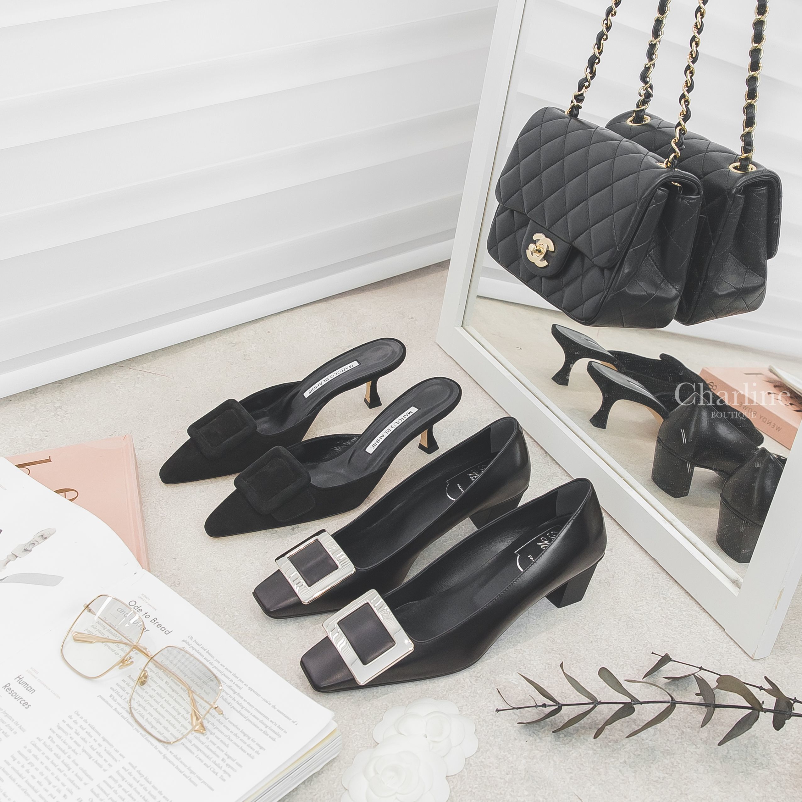 Roger Vivier 黑色皮革銀色方釦粗跟低跟鞋,Manolo Blahnik 黑色方釦麂皮細跟穆勒鞋,Chanel 黑色金鍊小羊皮肩背包,Dior 漸層玫瑰金邊方框太陽眼鏡-Charline Boutique 精品代購