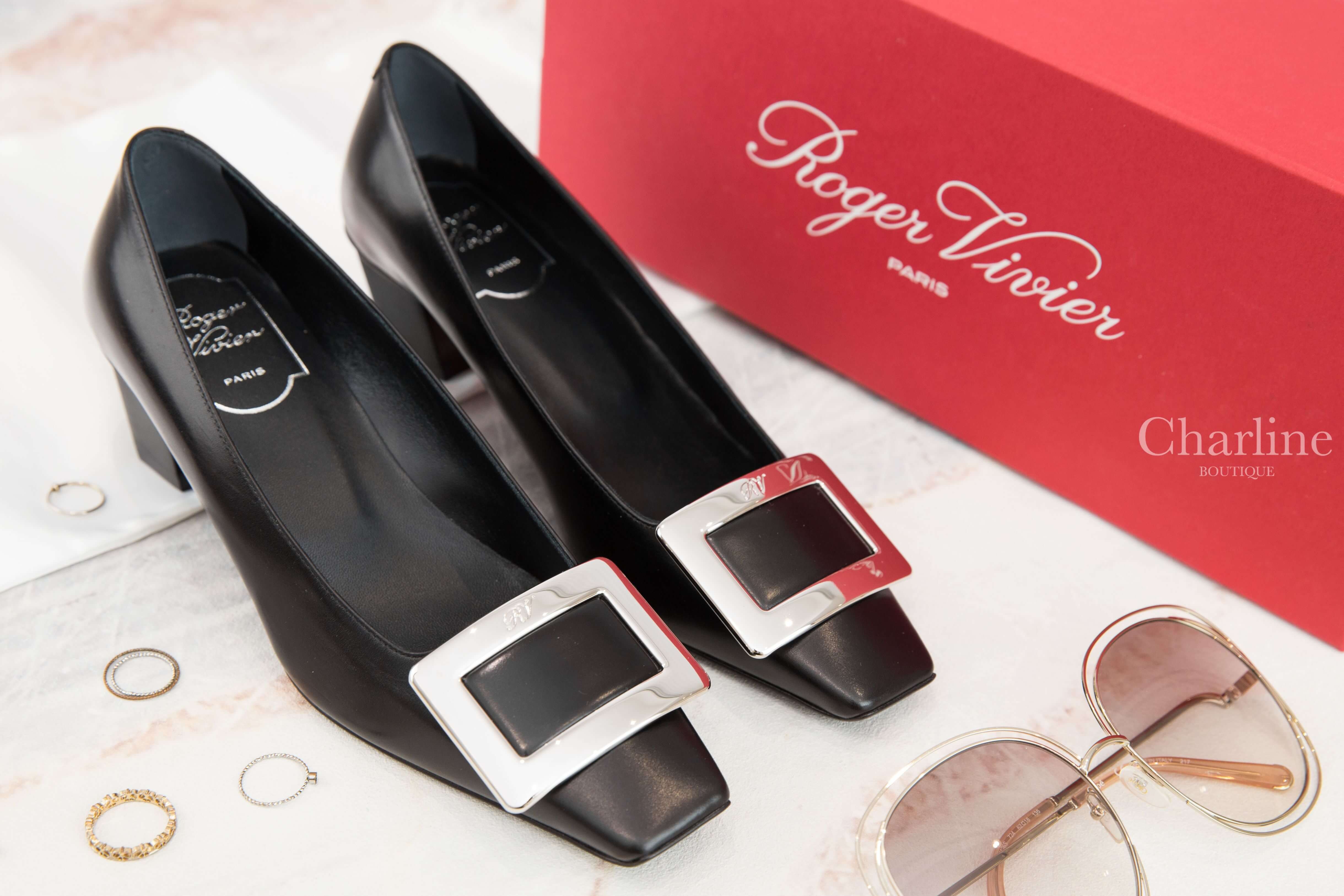 Roger Vivier Belle Vivier Metal Buckle Pumps In Leather 黑色皮革銀色方釦粗跟低跟鞋