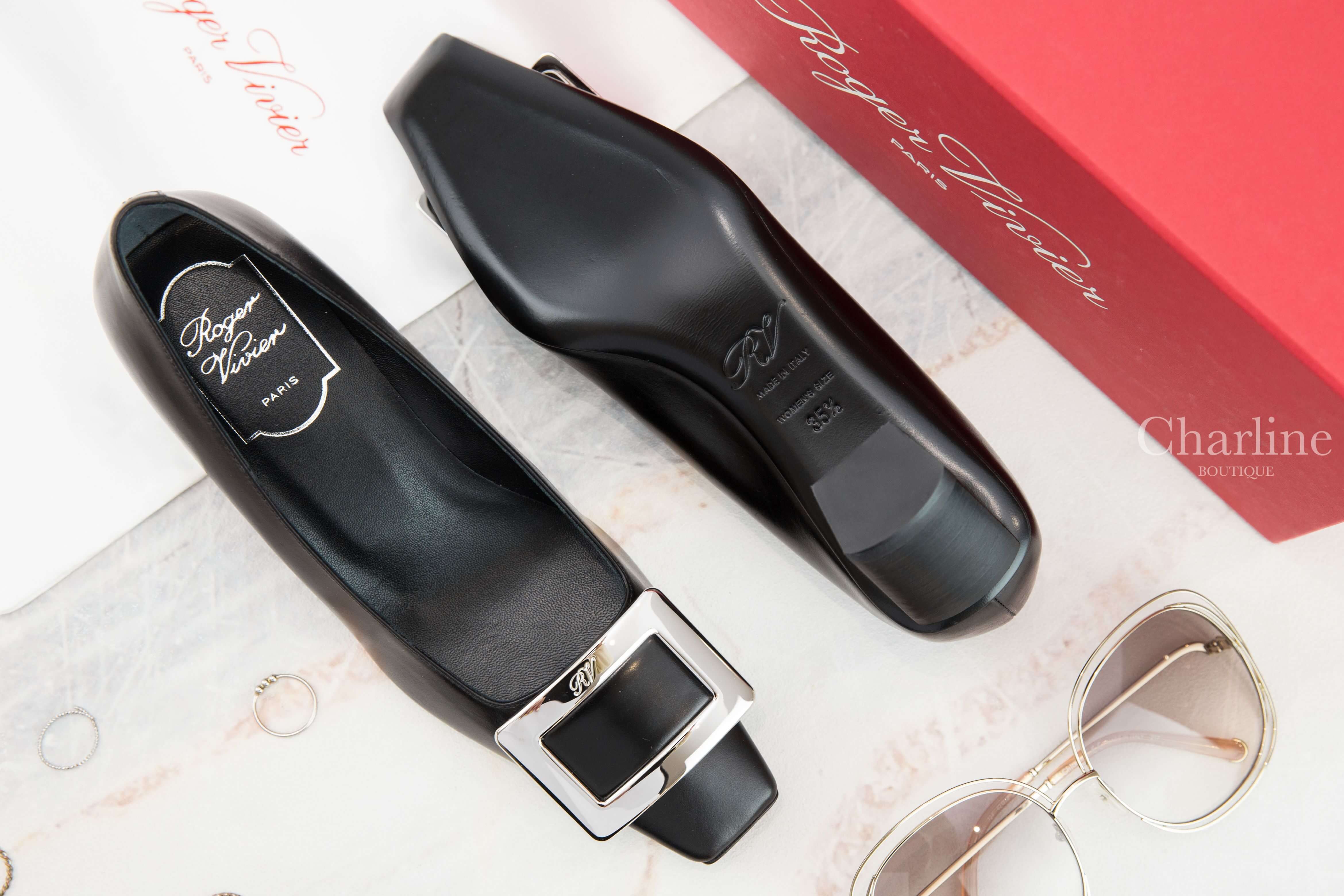 Roger Vivier Belle Vivier Metal Buckle Pumps In Leather 黑色皮革銀色方釦粗跟低跟鞋-Charline Boutique 精品代購
