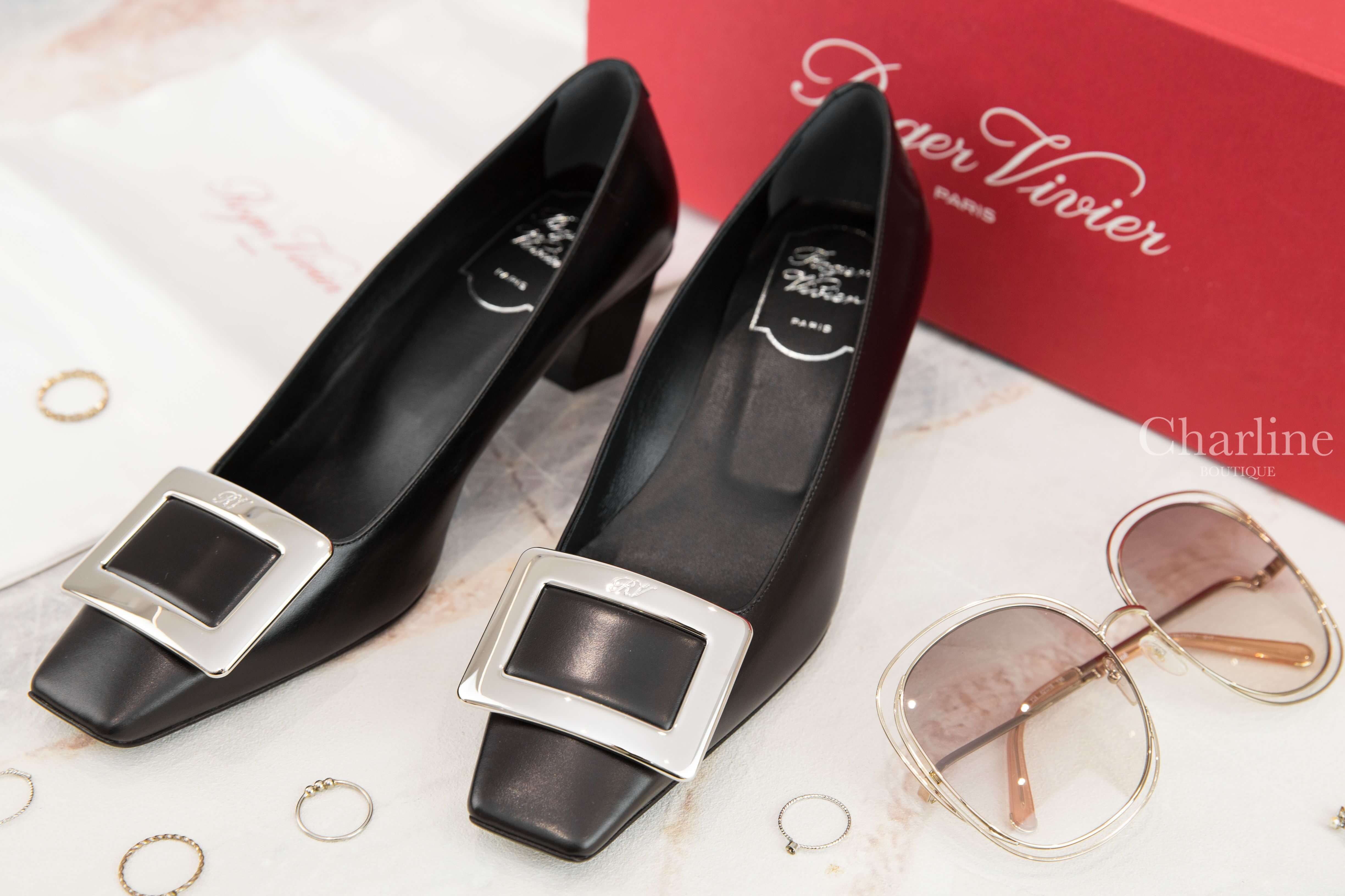 Roger Vivier Belle Vivier Metal Buckle Pumps In Leather 黑色皮革銀色方釦粗跟低跟鞋-Charline Boutique 精品代購