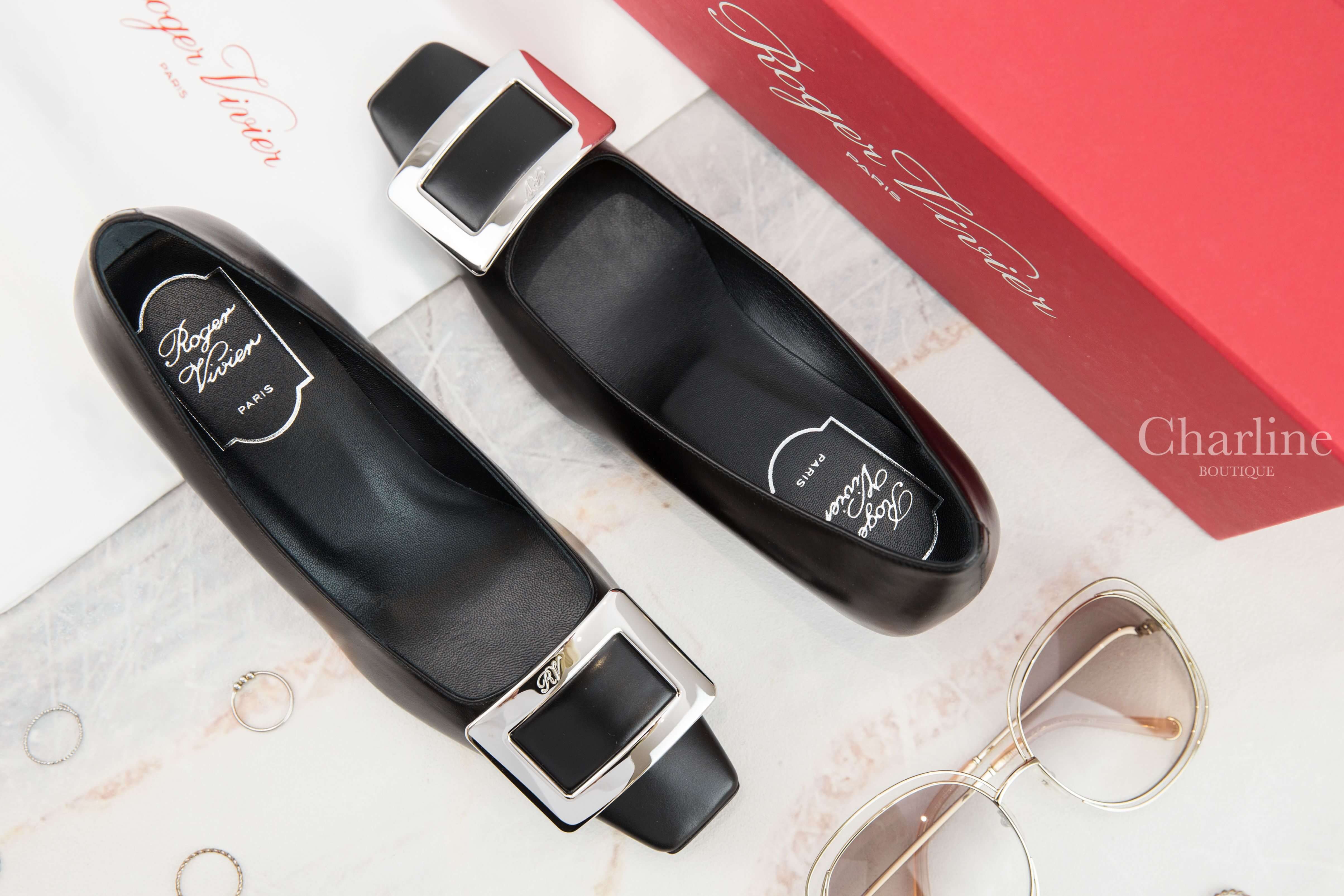 Roger Vivier Belle Vivier Metal Buckle Pumps In Leather 黑色皮革銀色方釦粗跟低跟鞋-Charline Boutique 精品代購