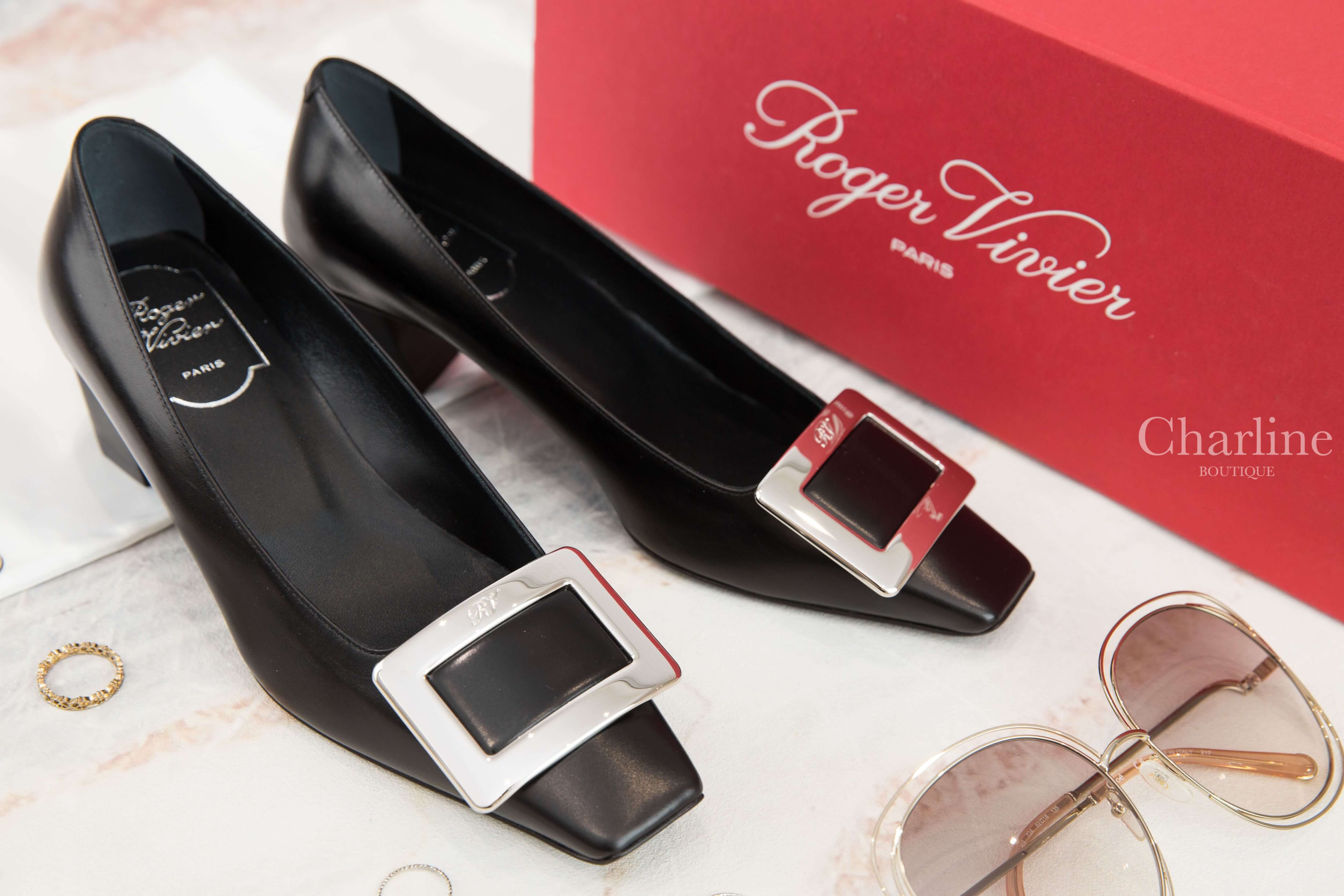 Roger Vivier Belle Vivier Metal Buckle Pumps In Leather 黑色皮革銀色方釦粗跟低跟鞋-Charline Boutique 精品代購