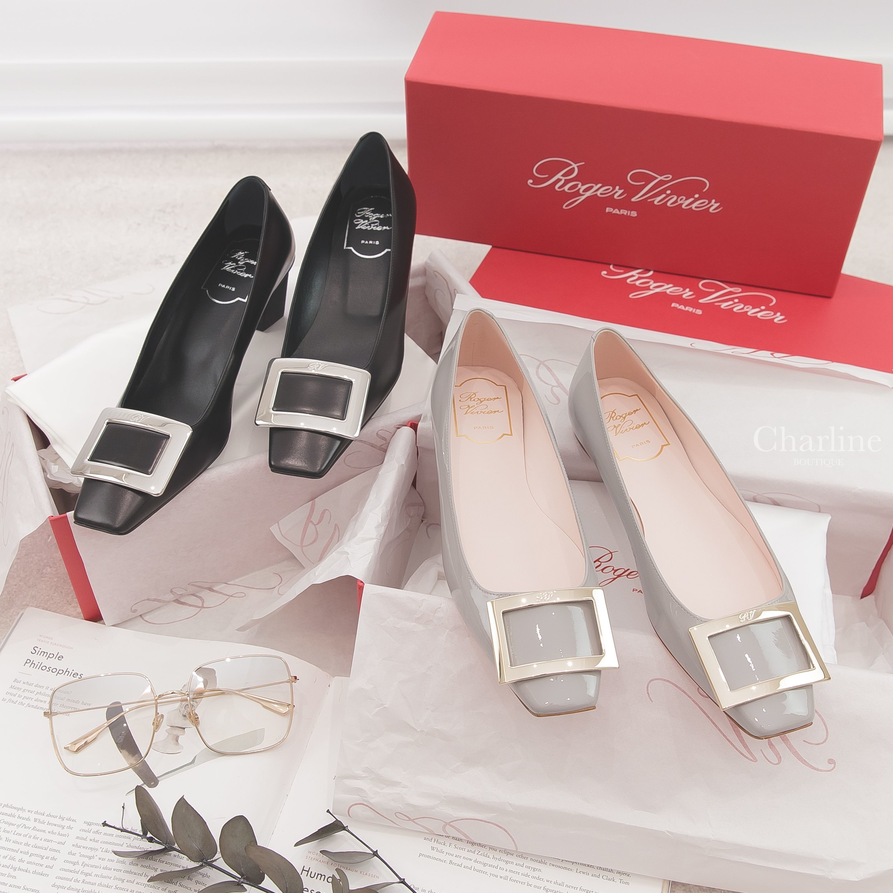 Roger Vivier Pumps 黑色皮革銀色方釦粗跟低跟鞋,Roger Vivier Ballerinas 灰色漆皮淡金色方釦平底鞋 ,Dior Sunglasses 漸層玫瑰金邊方框太陽眼鏡-Charline Boutique 精品代購