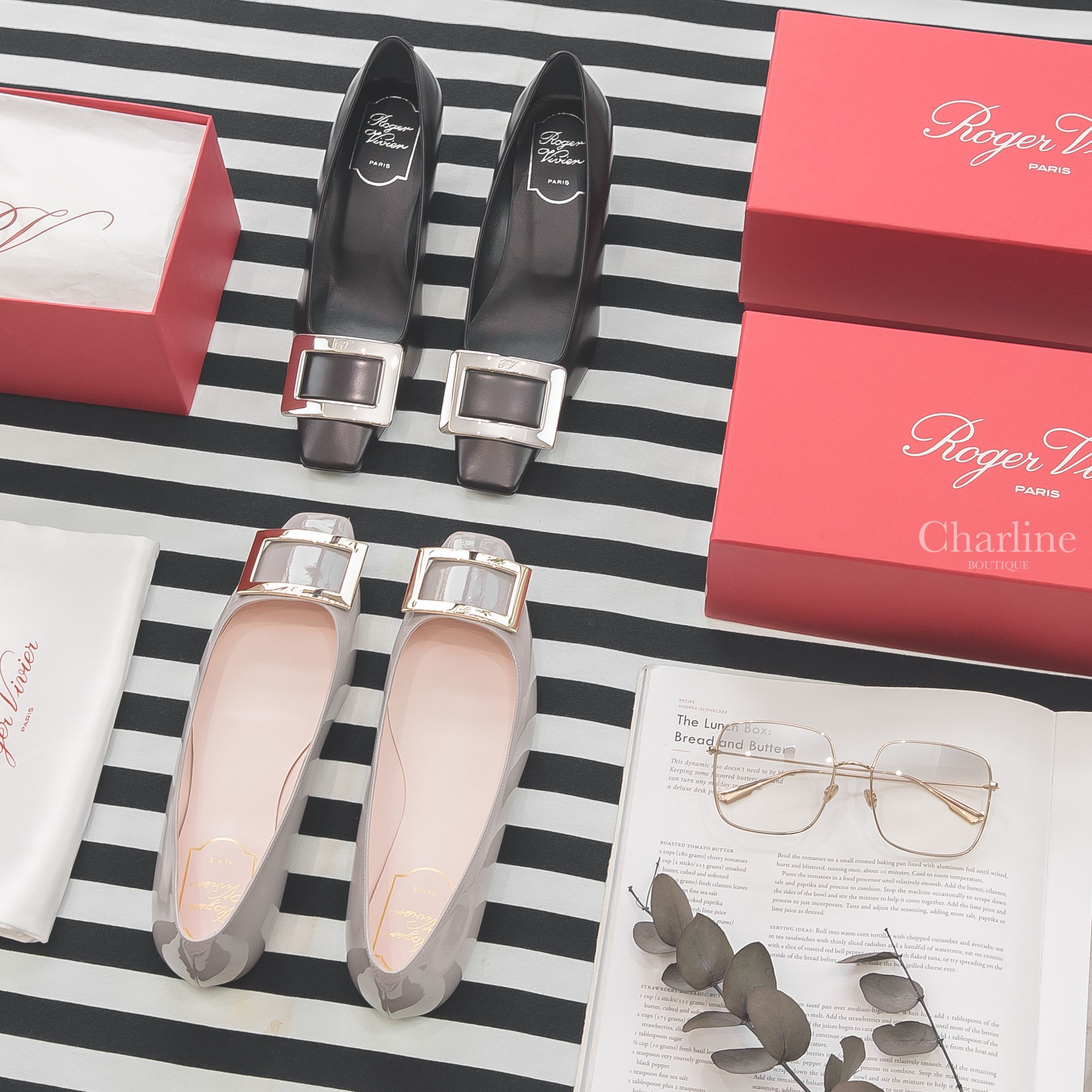 Roger Vivier Pumps 黑色皮革銀色方釦粗跟低跟鞋,Roger Vivier Ballerinas 灰色漆皮淡金色方釦平底鞋 ,Dior Sunglasses 漸層玫瑰金邊方框太陽眼鏡-Charline Boutique 精品代購