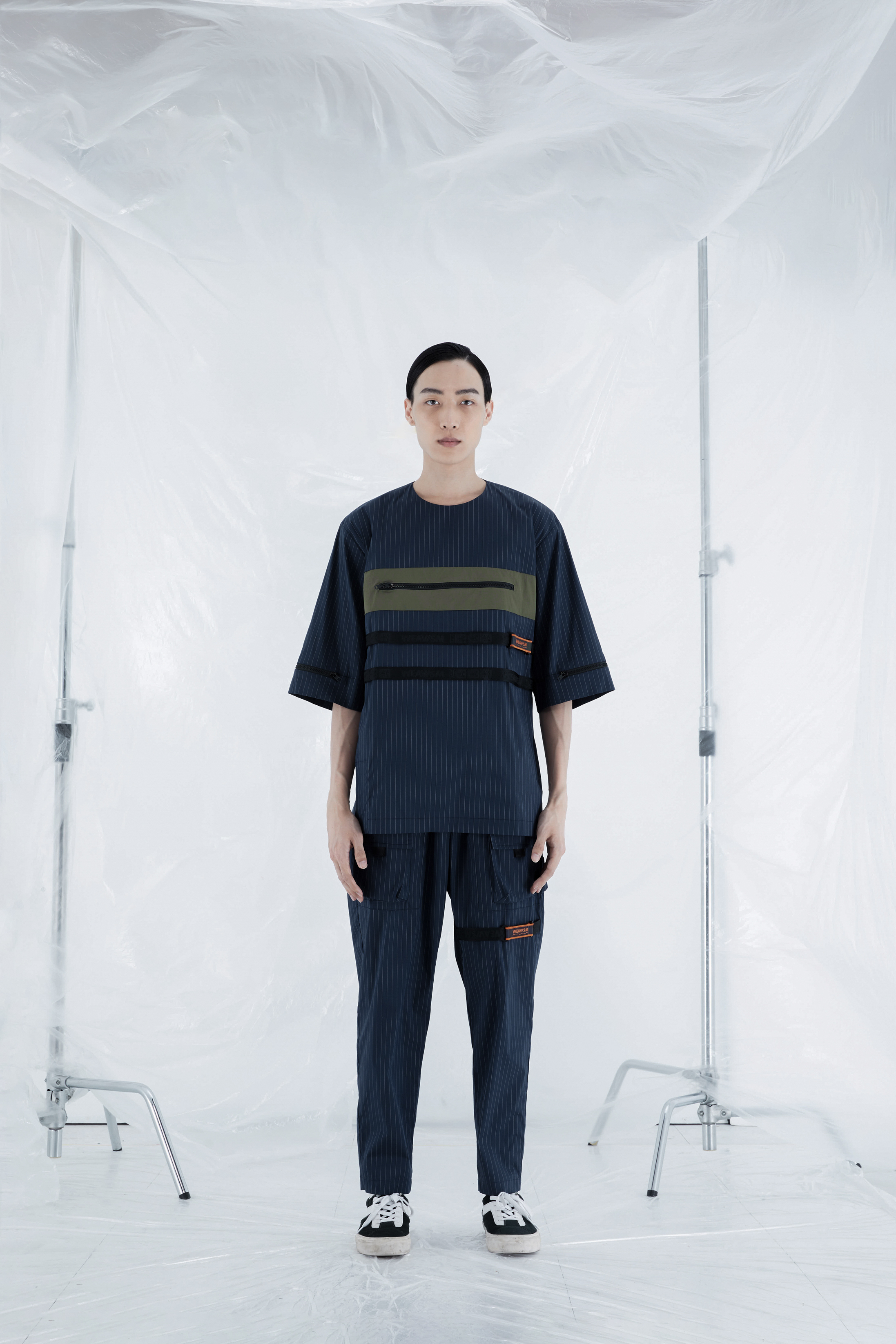 多口袋抽繩長褲 - 藍條