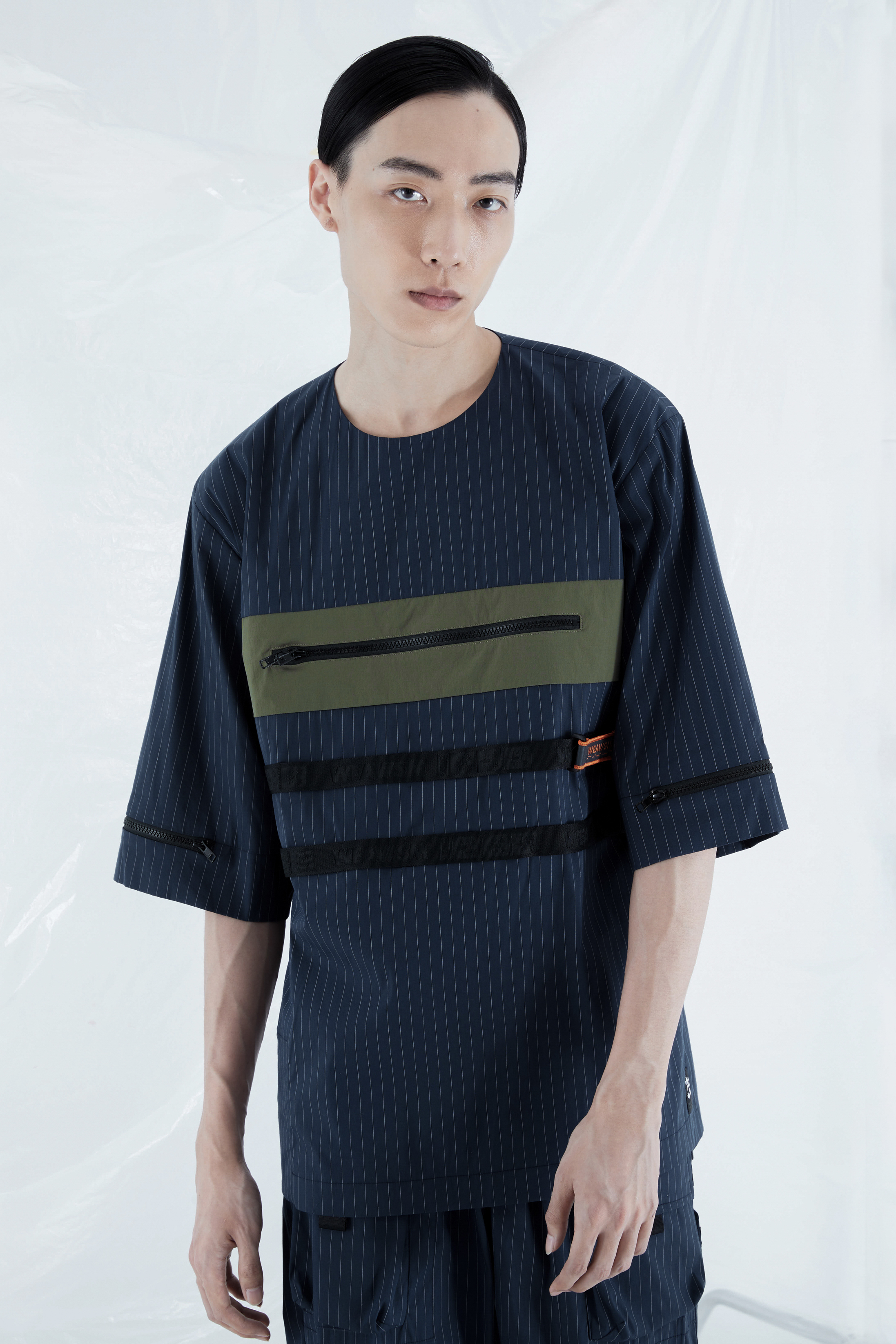 多功能中袖上衣 - 藍條