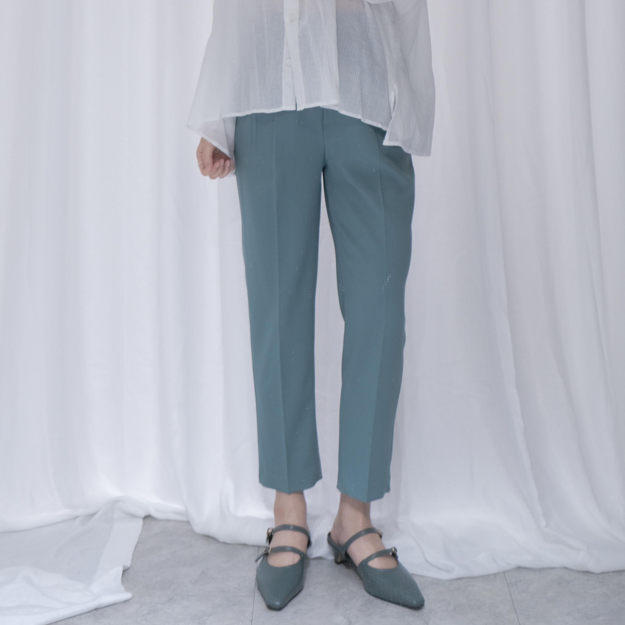 絕美湖水綠前打褶9分西褲(SML)