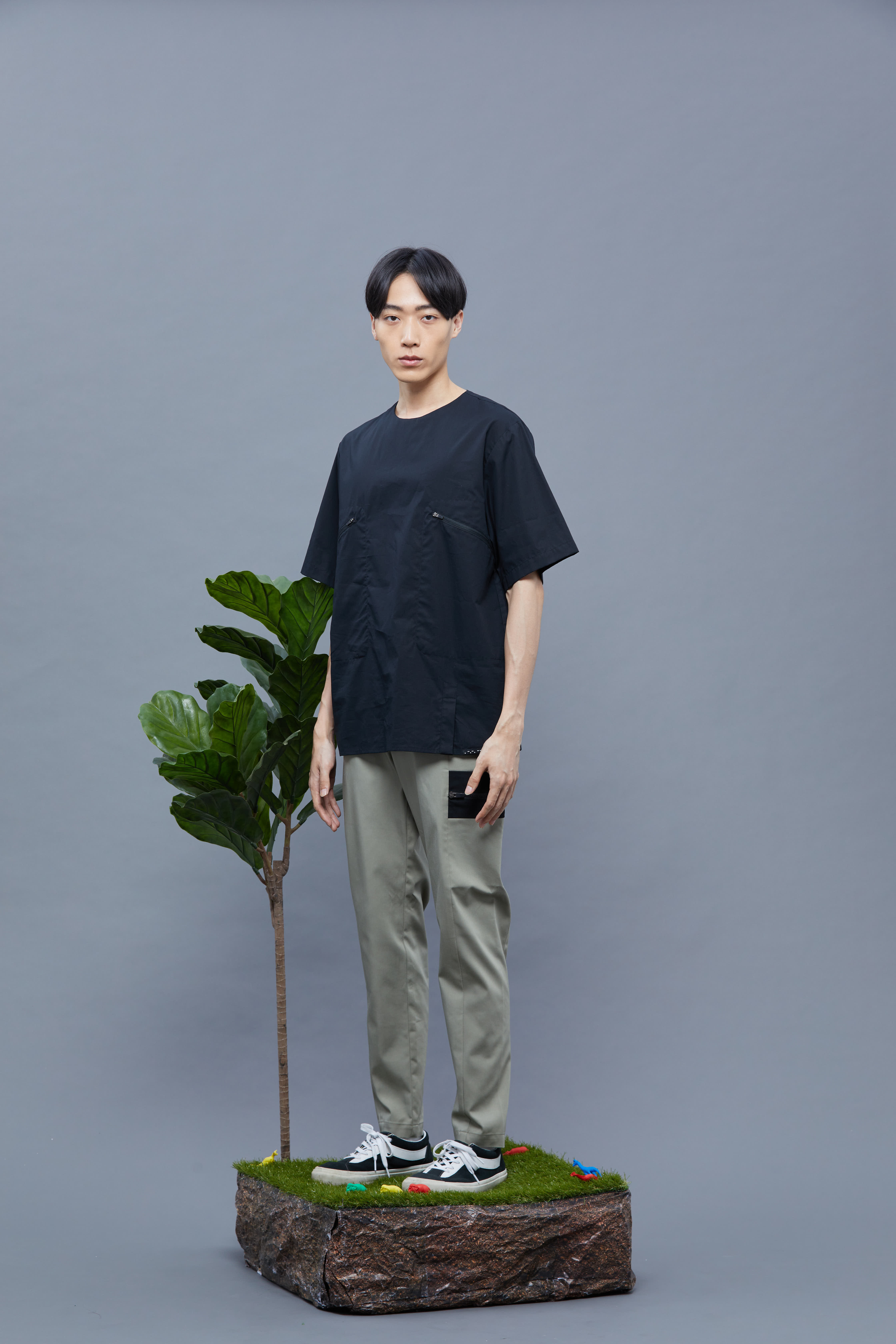 側拉鍊大袋長褲 - 淺灰綠