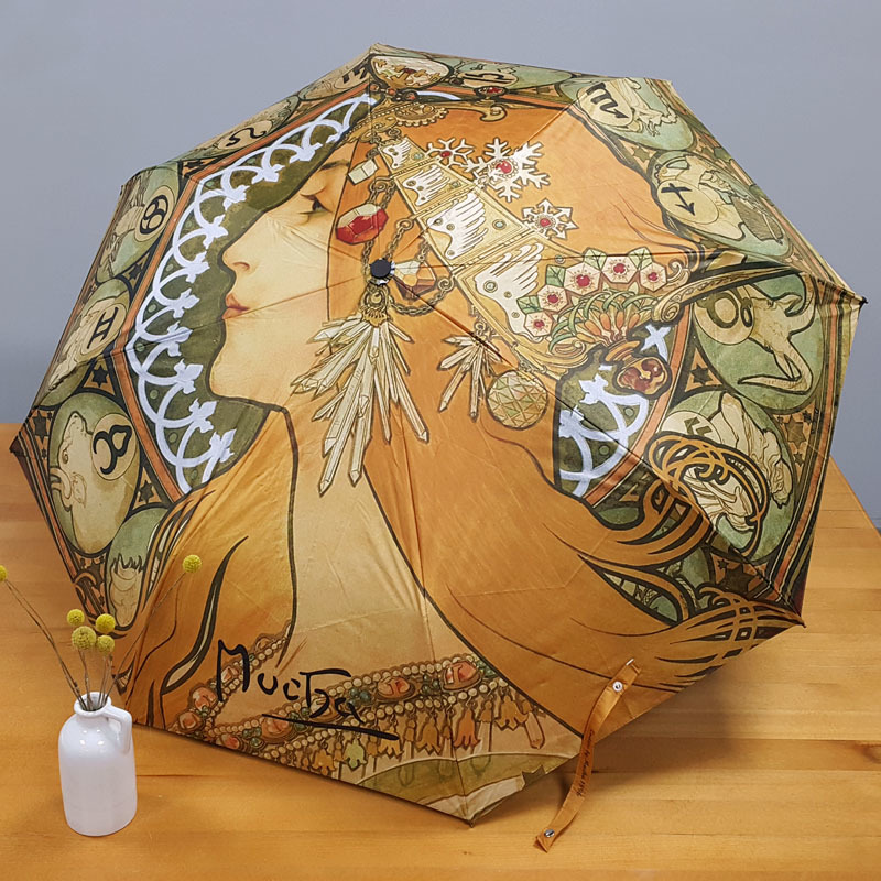 mucha慕夏客製三折手開傘,使用30D超薄全遮光黑膠數碼印刷,傘面跨片拼接