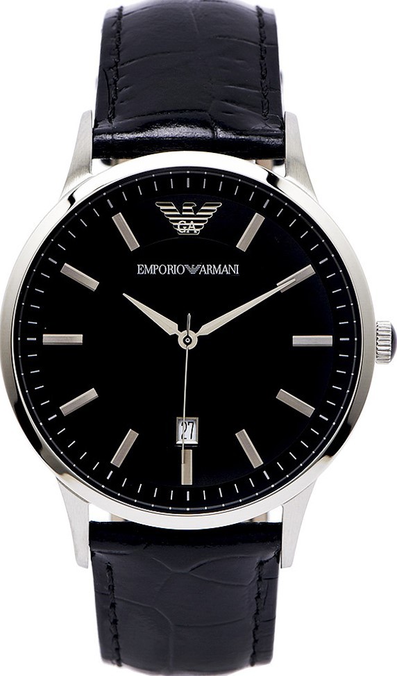 萬年鐘錶 - ARMANI  精品腕錶   黑色經典皮革男錶  AR2411   錶徑43MM