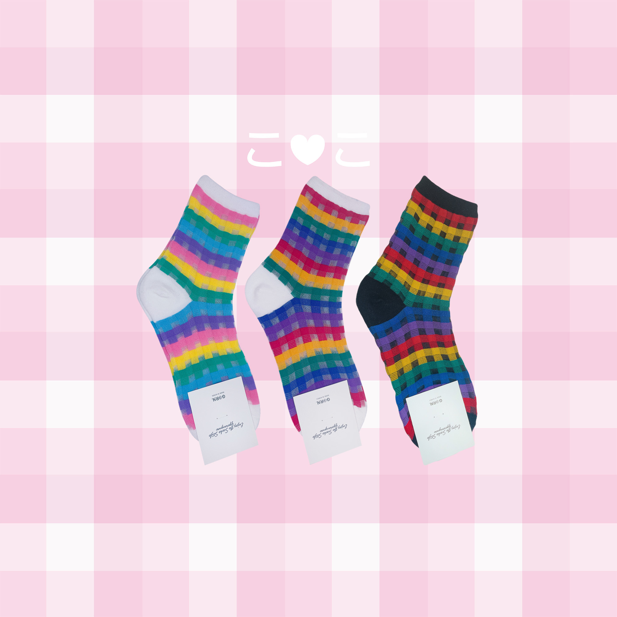 正韓彩虹格子透膚襪子