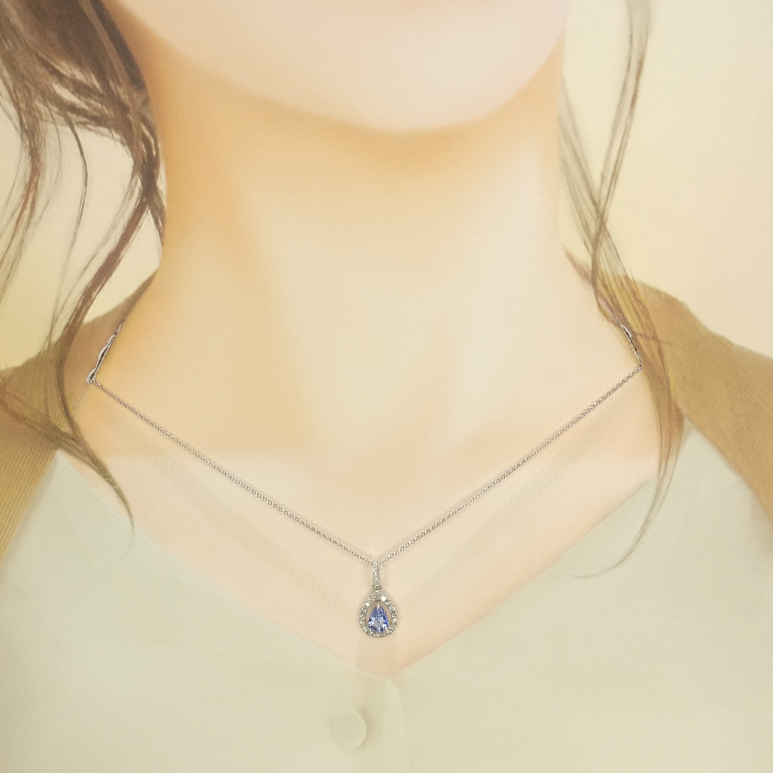 全新18K白金【單粒95份藍寶石】配29份鑽石吊墜