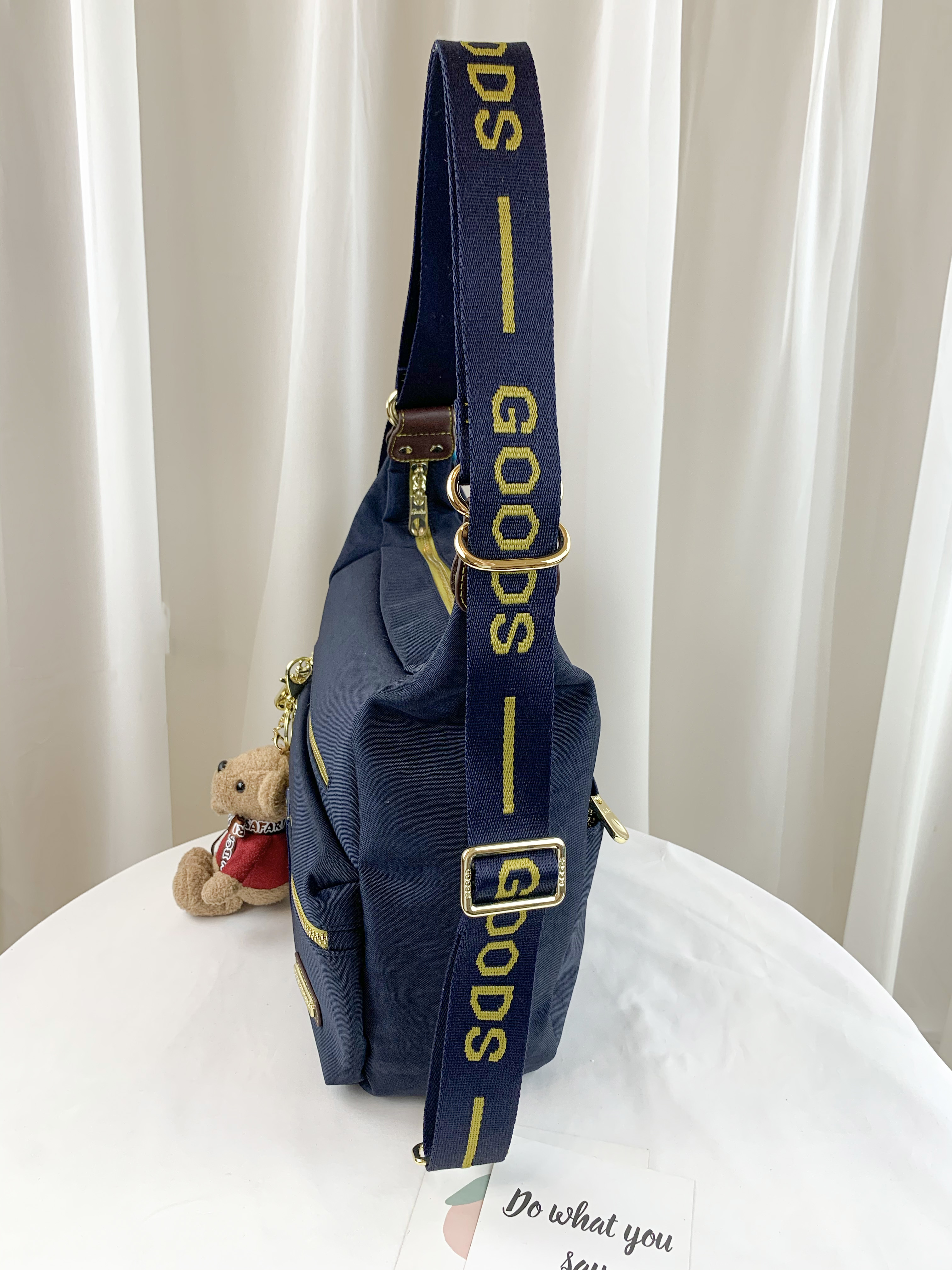 GOODS 織帶黃藍 丹寧防潑水兩用肩背包 / 後背包 附小熊吊飾 #2753