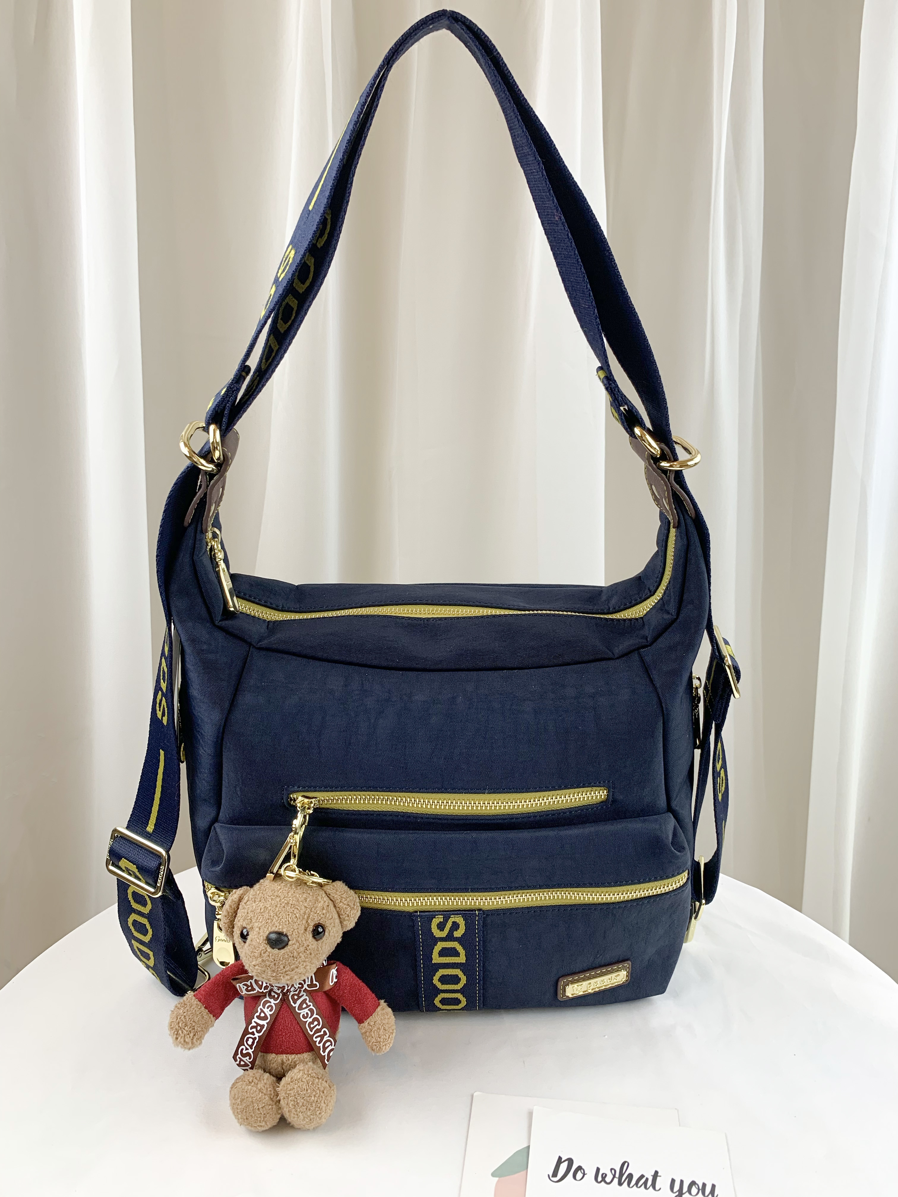 GOODS 織帶黃藍 丹寧防潑水兩用肩背包 / 後背包 附小熊吊飾 #2753