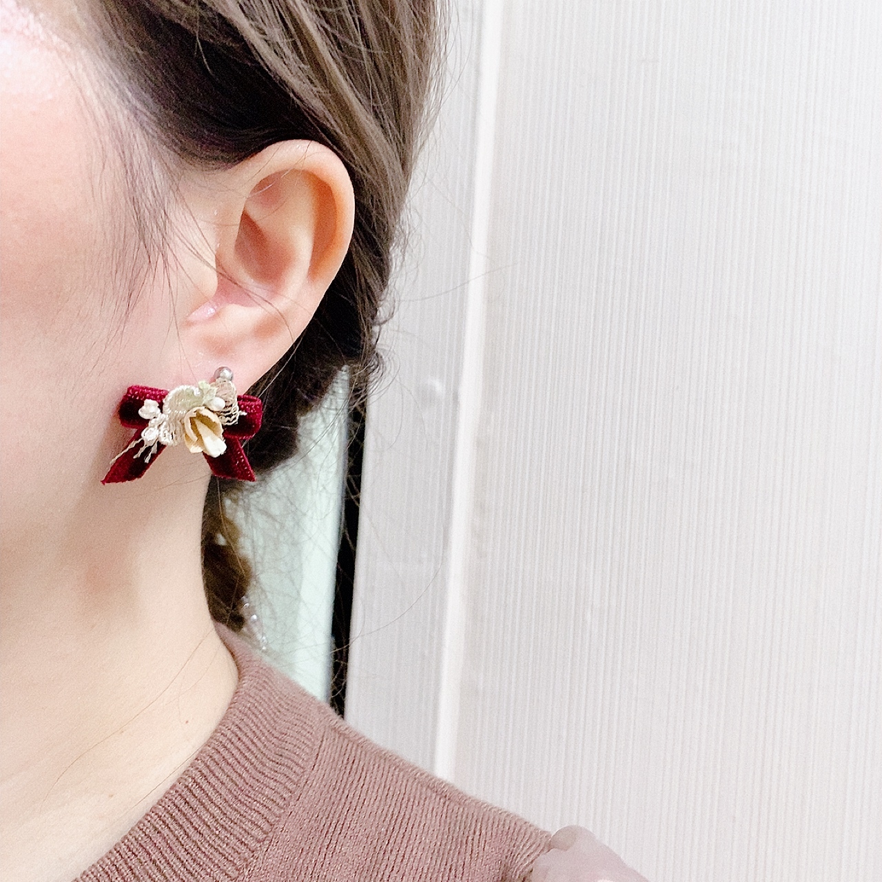 [手作家] 日本人造花絨面蝴蝶結耳環