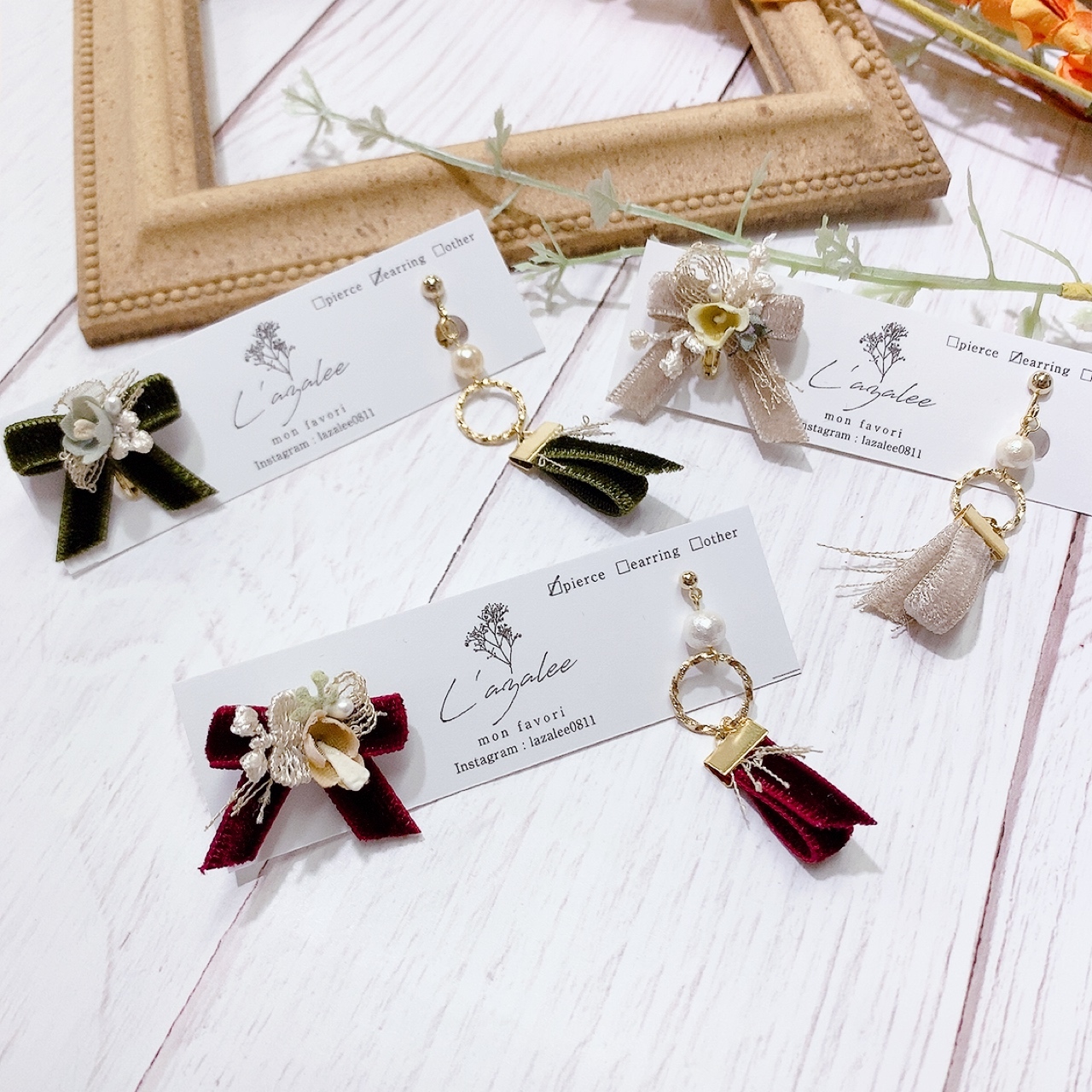 [手作家] 日本人造花絨面蝴蝶結耳環